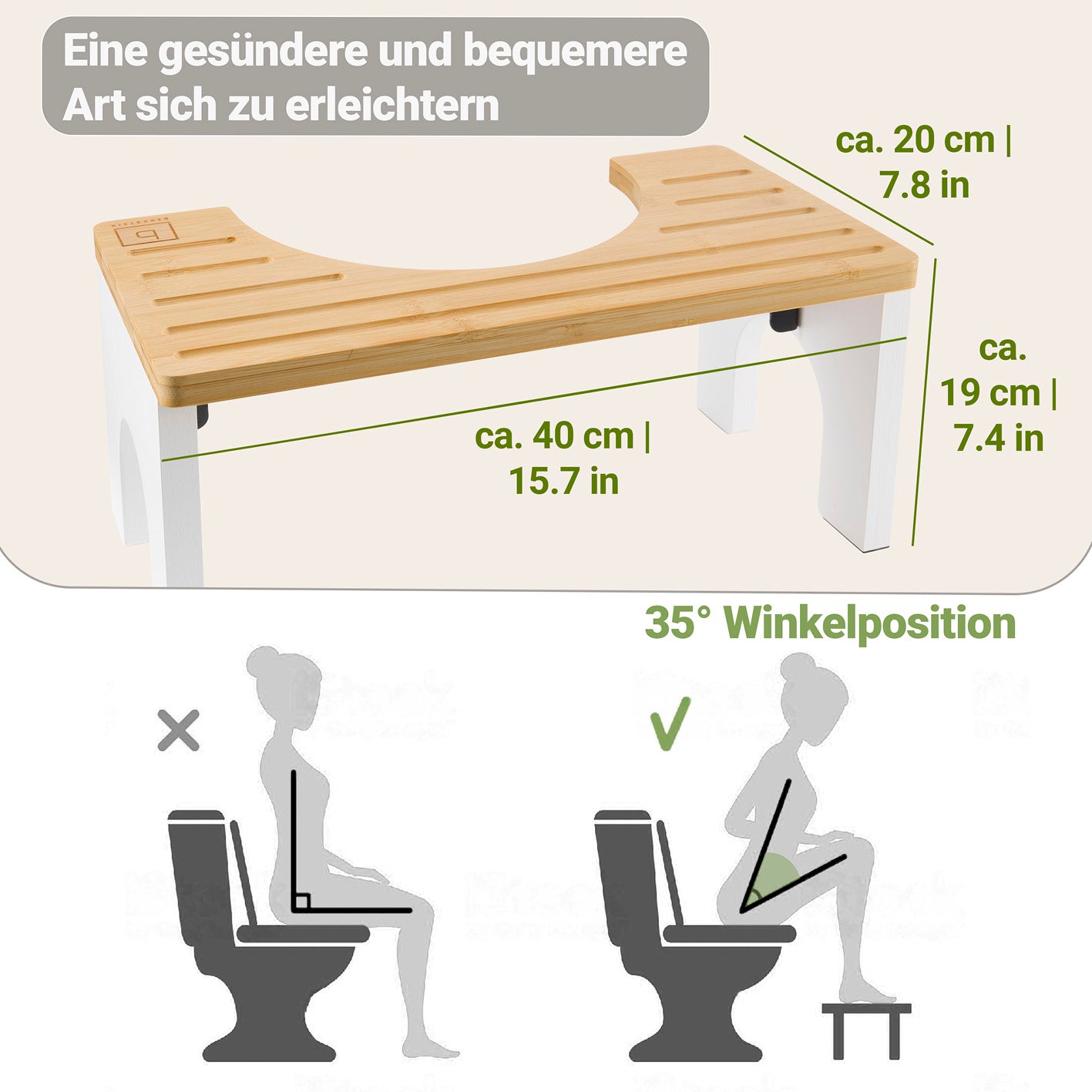 Bambus-Toilettenhocker mit rutschfester Oberfläche zur gesunden Darmhaltung und optimaler 35° Winkelposition beim Sitzen.