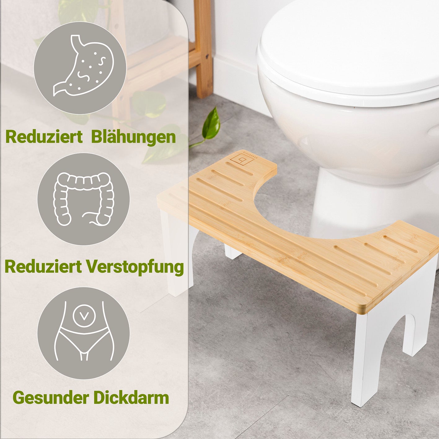 Bambus-Toilettenhocker mit rutschfester Oberfläche zur Entspannung der Darmmuskulatur und Förderung eines gesunden Dickdarms.