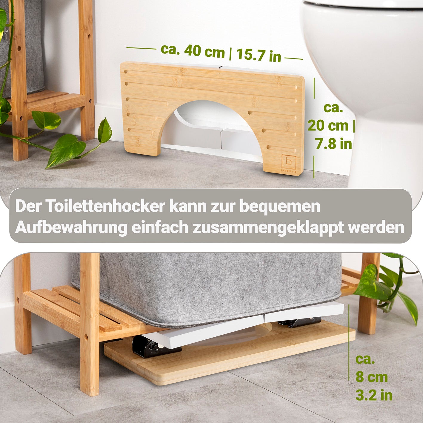 Bambus-Toilettenhocker mit platzsparendem Klappmechanismus und rutschfester Oberfläche für erhöhte Darmgesundheit.