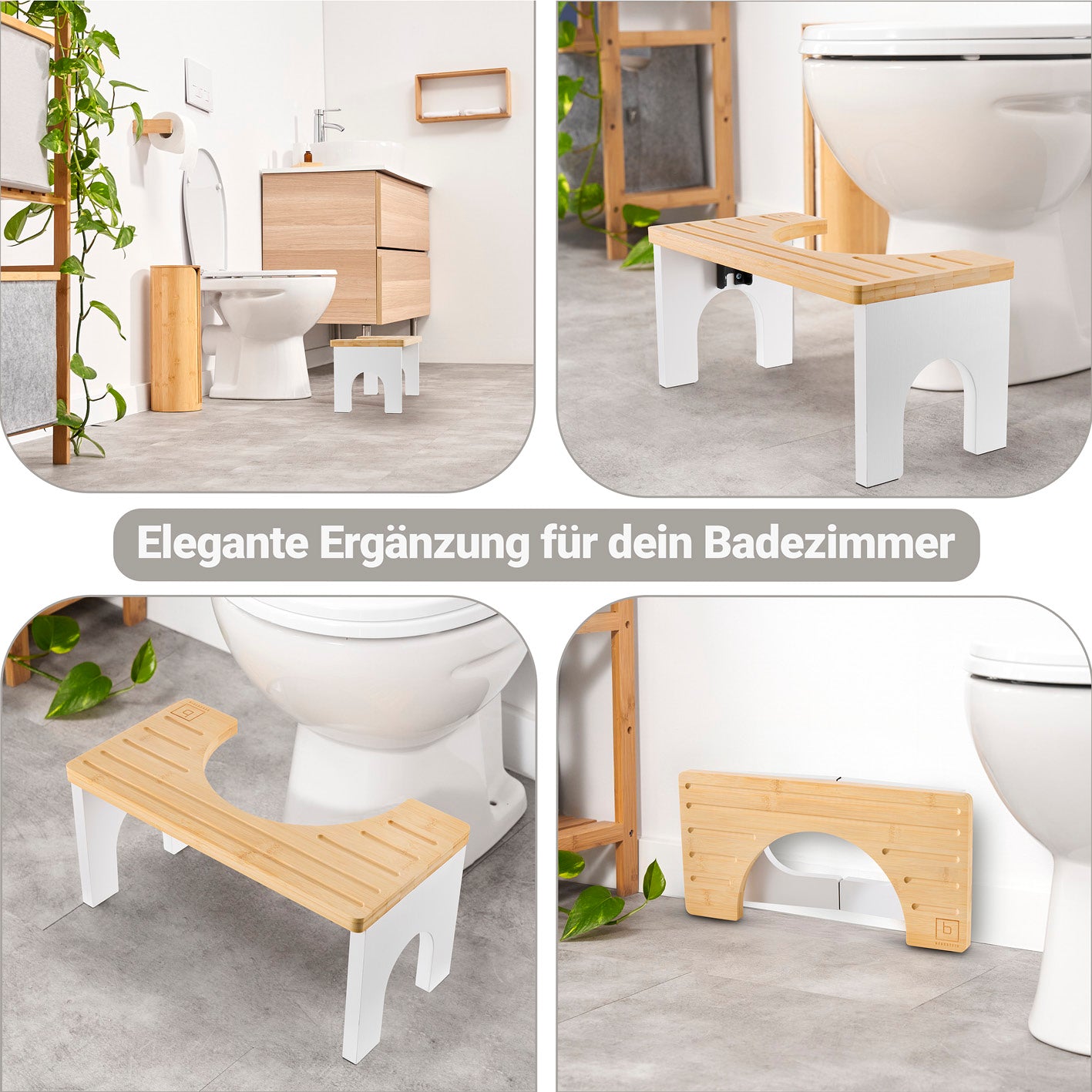 Bambus-Toilettenhocker mit rutschfester Oberfläche zur Darmentspannung und ergonomischen Unterstützung im Badezimmer.