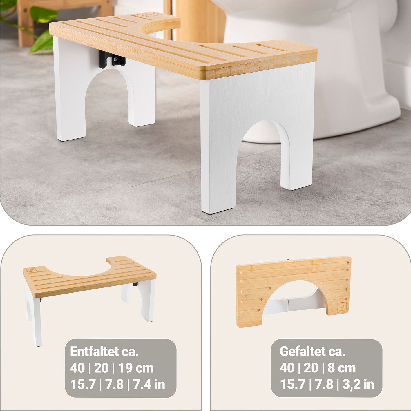 Bambus-Toilettenhocker mit rutschfester Oberfläche, faltbar und ergonomisch für optimale Darmstellung auf Fliesenboden.