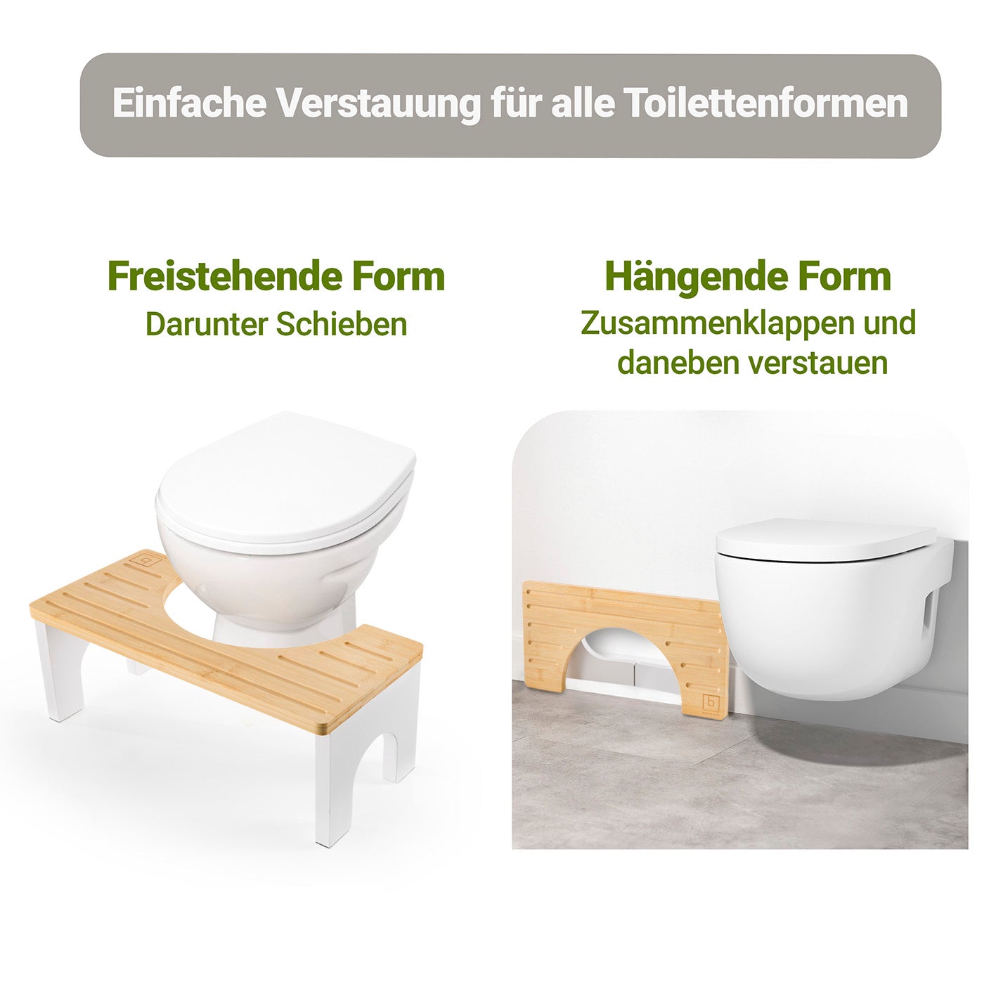 Bambus-Toilettenhocker in freistehender und hängender Form zur platzsparenden und rutschfesten Nutzung bei jeder Toilette.