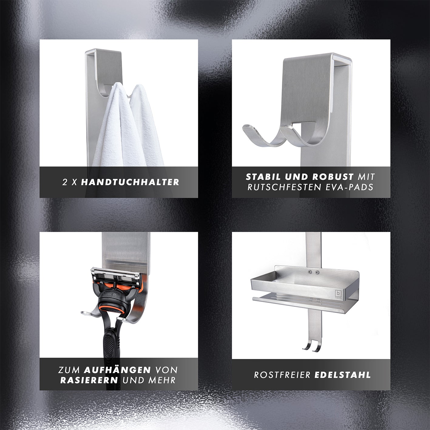 Dusch-Organizer - Edelstahl mit 2 Handtuchhaltern, rostfreiem Stahl, 4 Haken und rutschfesten EVA-Pads, ideal für rahmenlose Glasduschen.