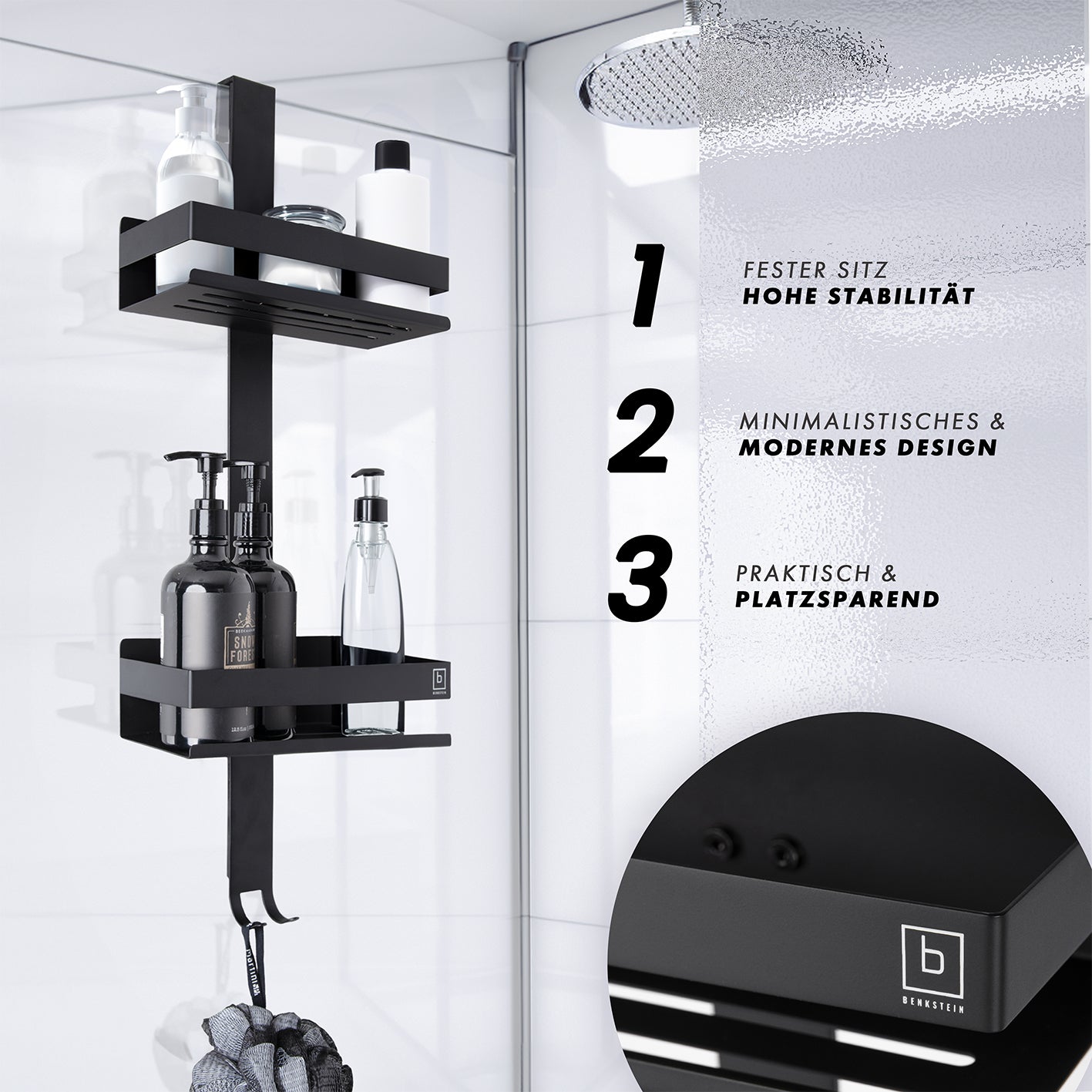 Dusch-Organizer - Schwarz mit 2 Ablagen und Haken, platzsparend, modernes Design, stabile Befestigung für rahmenlose Glasduschen.