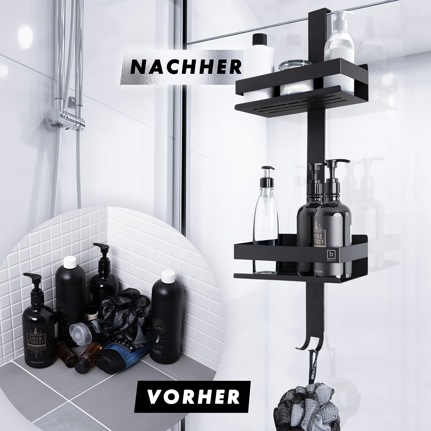 Dusch-Organizer - Schwarz mit 2 Ablagefächern und 4 Haken, ideal für rahmenlose Glasduschen bis 18 mm Stärke.