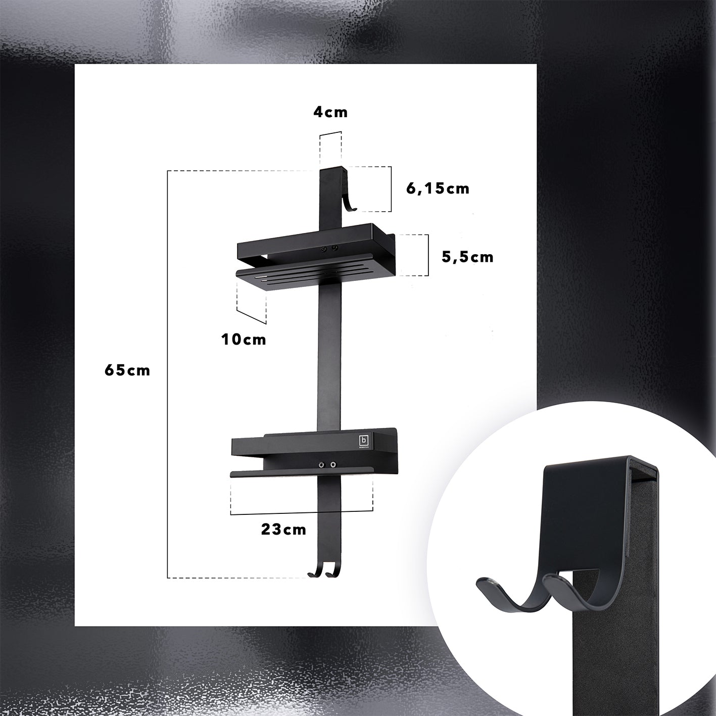 Dusch-Organizer - Schwarz mit 2 Ablagefächern und 4 vielseitigen Haken, aus langlebigem 304 Edelstahl für rahmenlose Glasduschen.