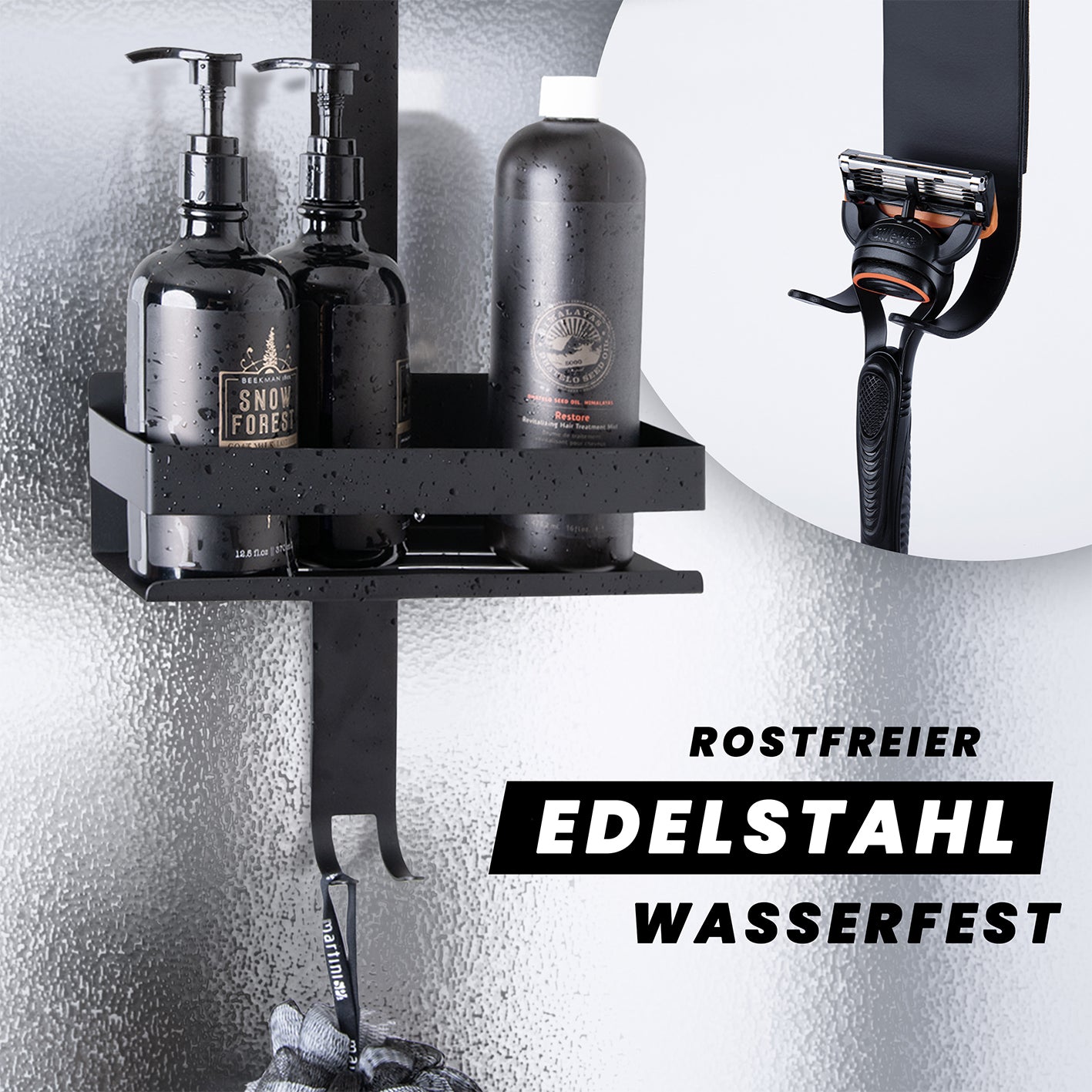 Dusch-Organizer - Schwarz aus rostfreiem Edelstahl mit 2 Ablagefächern und 4 Haken für rahmenlose Glasduschen bis 18 mm.