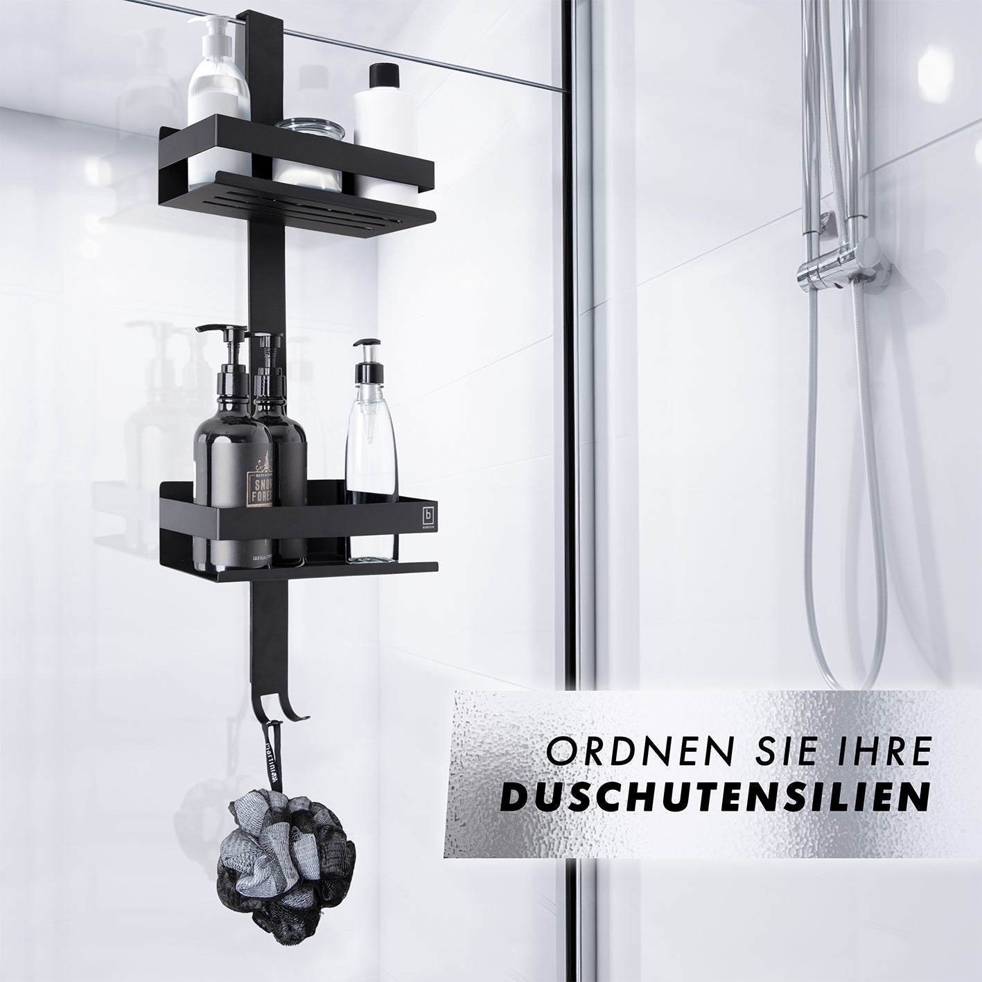 Dusch-Organizer - Schwarz mit 2 Ablagefächern und 4 Haken für rahmenlose Glasduschen bis 18 mm, aus rostfreiem Edelstahl.
