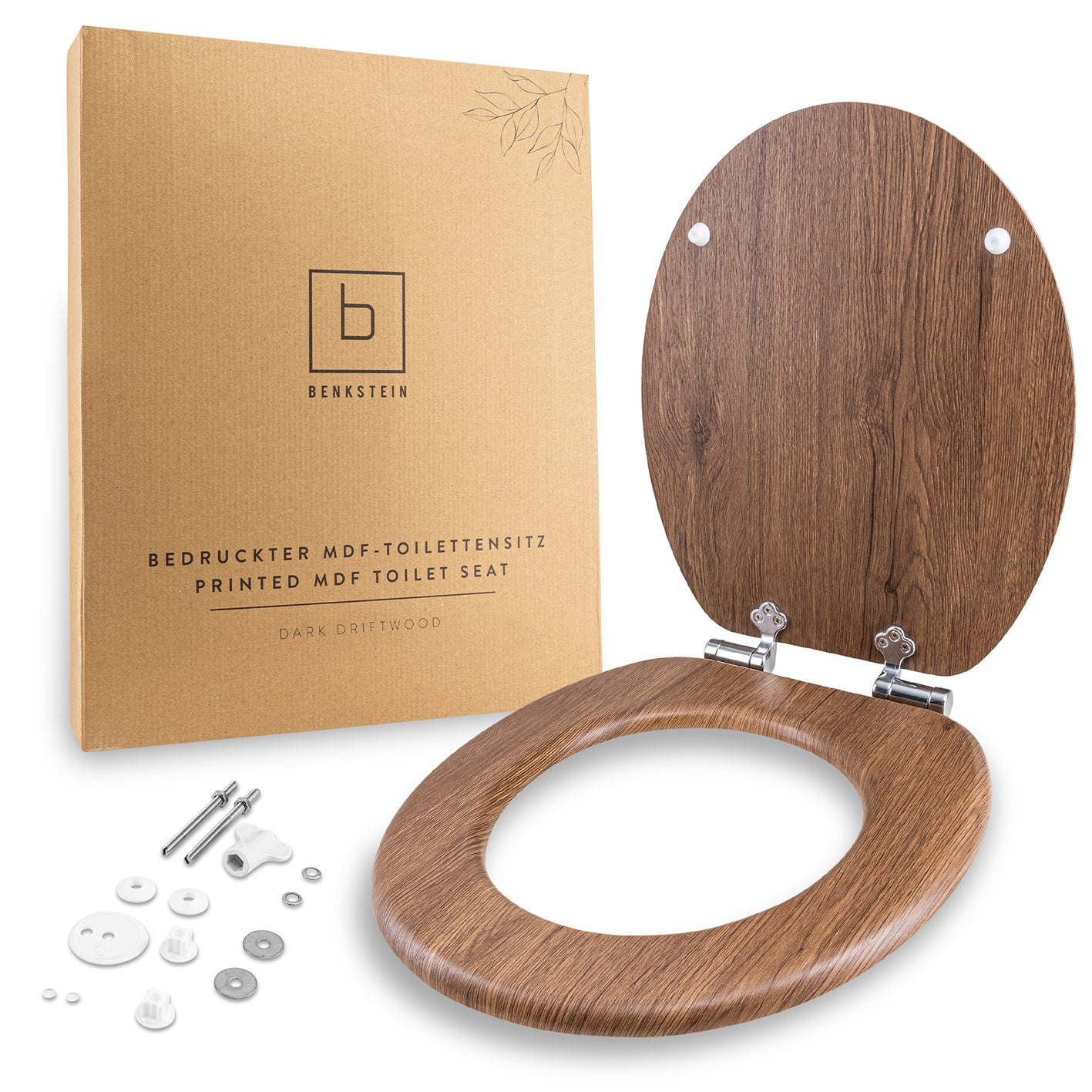 Bedruckter Premium-Toilettendeckel - dunkles Treibholz aus antibakteriellem Urea-Duroplast mit Quick-Release-Funktion und MDF-Beschichtung.