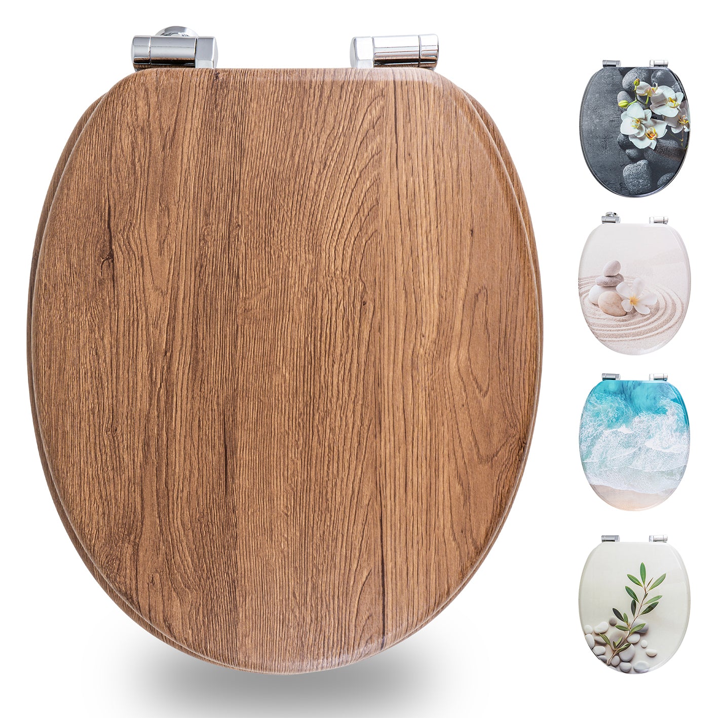 Bedruckter Premium-Toilettendeckel - dunkles Treibholz aus antibakteriellem Urea-Duroplast mit Quick-Release-Funktion.