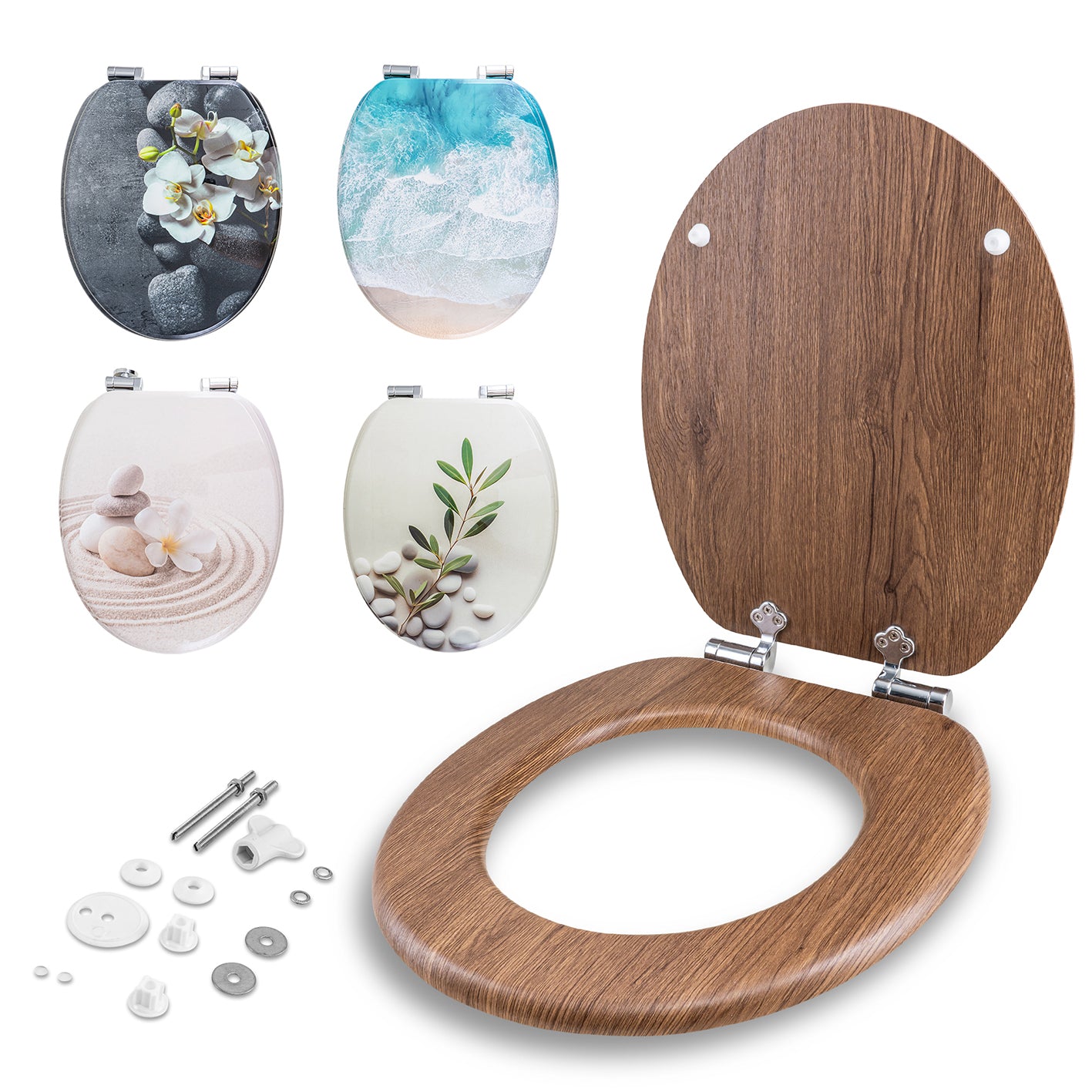 Bedruckter Premium-Toilettendeckel - dunkles Treibholz, antibakteriell, mit Quick-Release und geräuschloser Absenkautomatik.