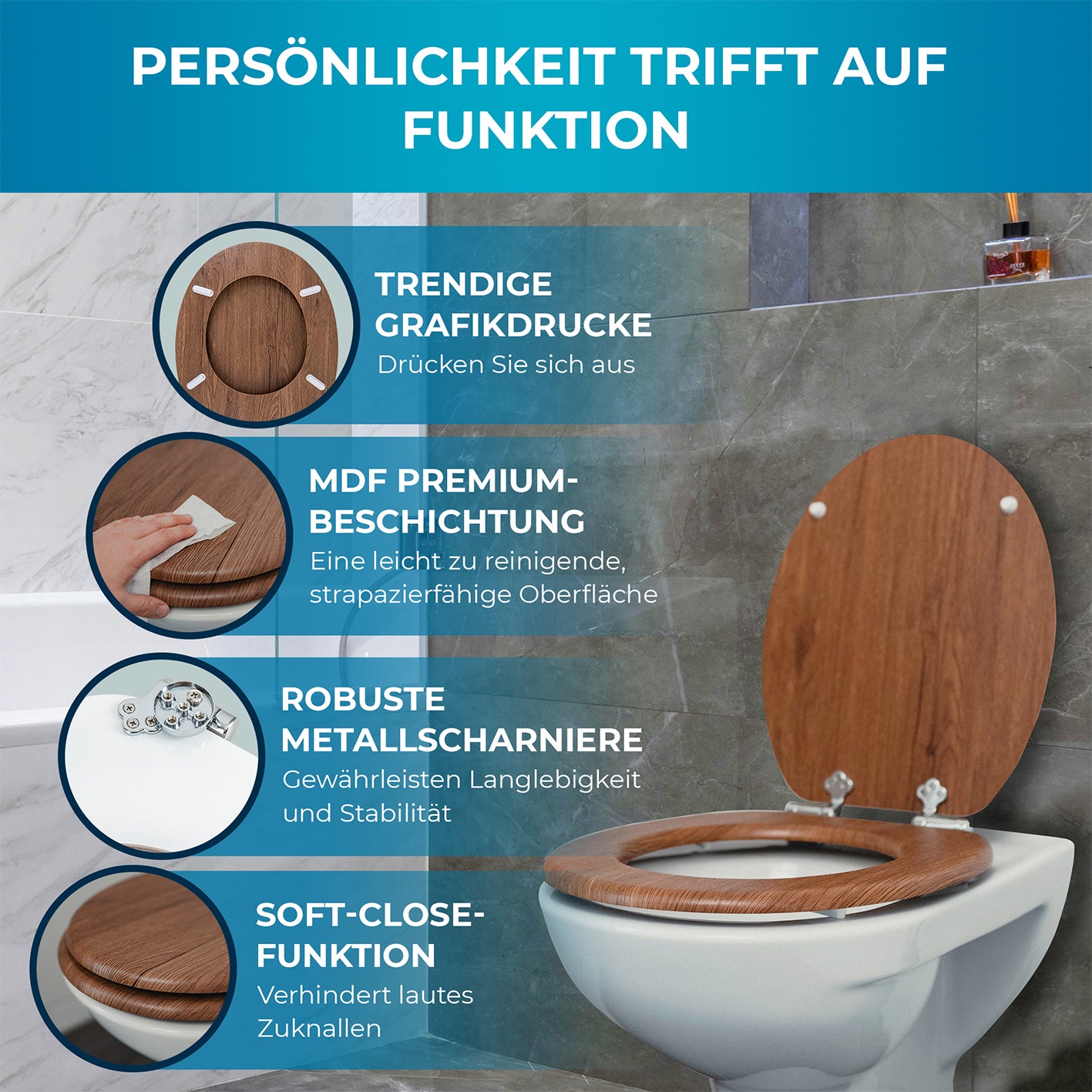 Bedruckter Premium-Toilettendeckel - dunkles Treibholz mit MDF-Beschichtung, robusten Metallscharnieren und Soft-Close-Funktion.