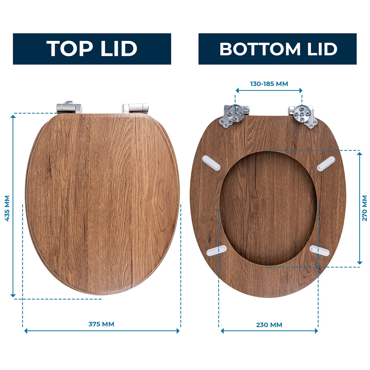 Bedruckter Premium-Toilettendeckel - dunkles Treibholz mit Maßen 435x375 mm und verstellbaren Scharnieren 130-185 mm.