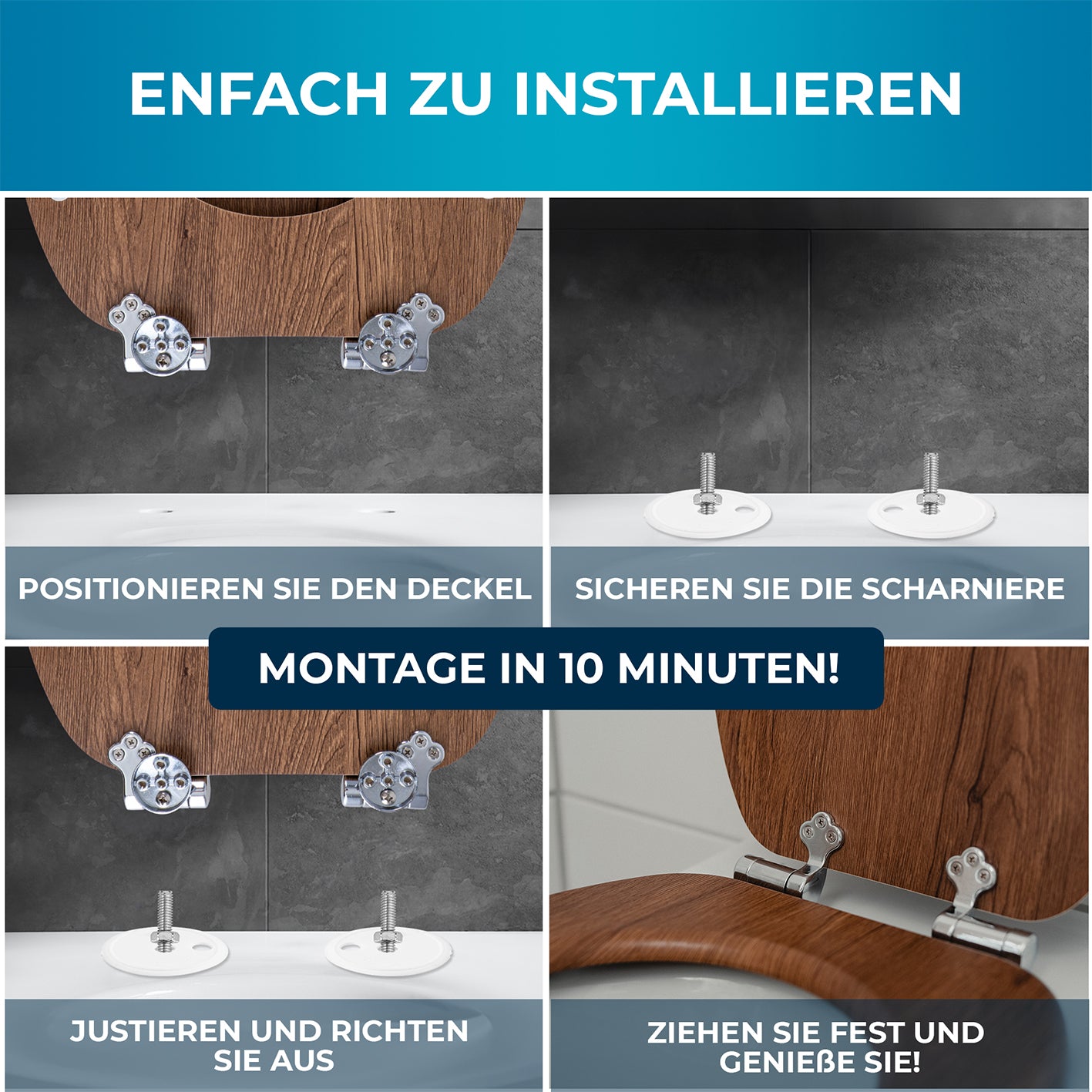 Bedruckter Premium-Toilettendeckel - dunkles Treibholz mit einfacher Montage und Quick-Release-Funktion für Standardtoiletten.