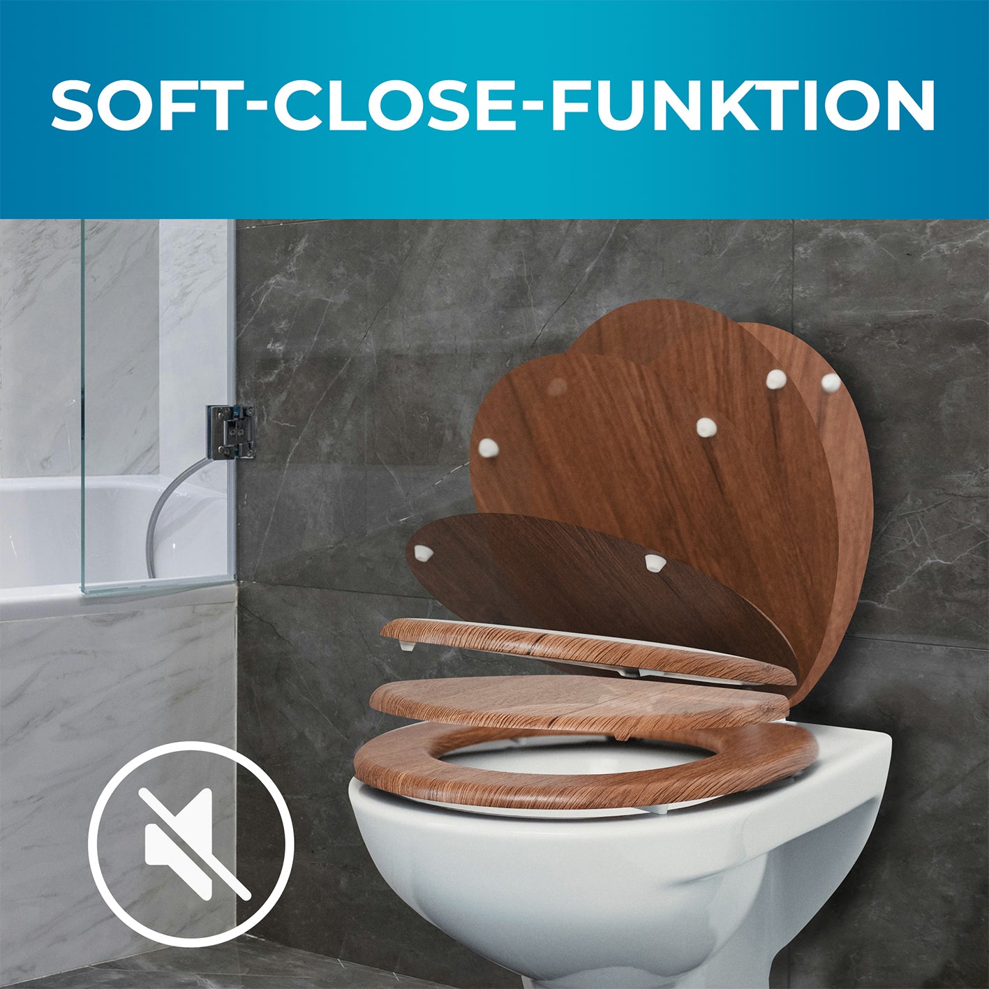 Bedruckter Premium-Toilettendeckel - dunkles Treibholz mit Soft-Close-Funktion und antibakteriellem Urea-Duroplast.