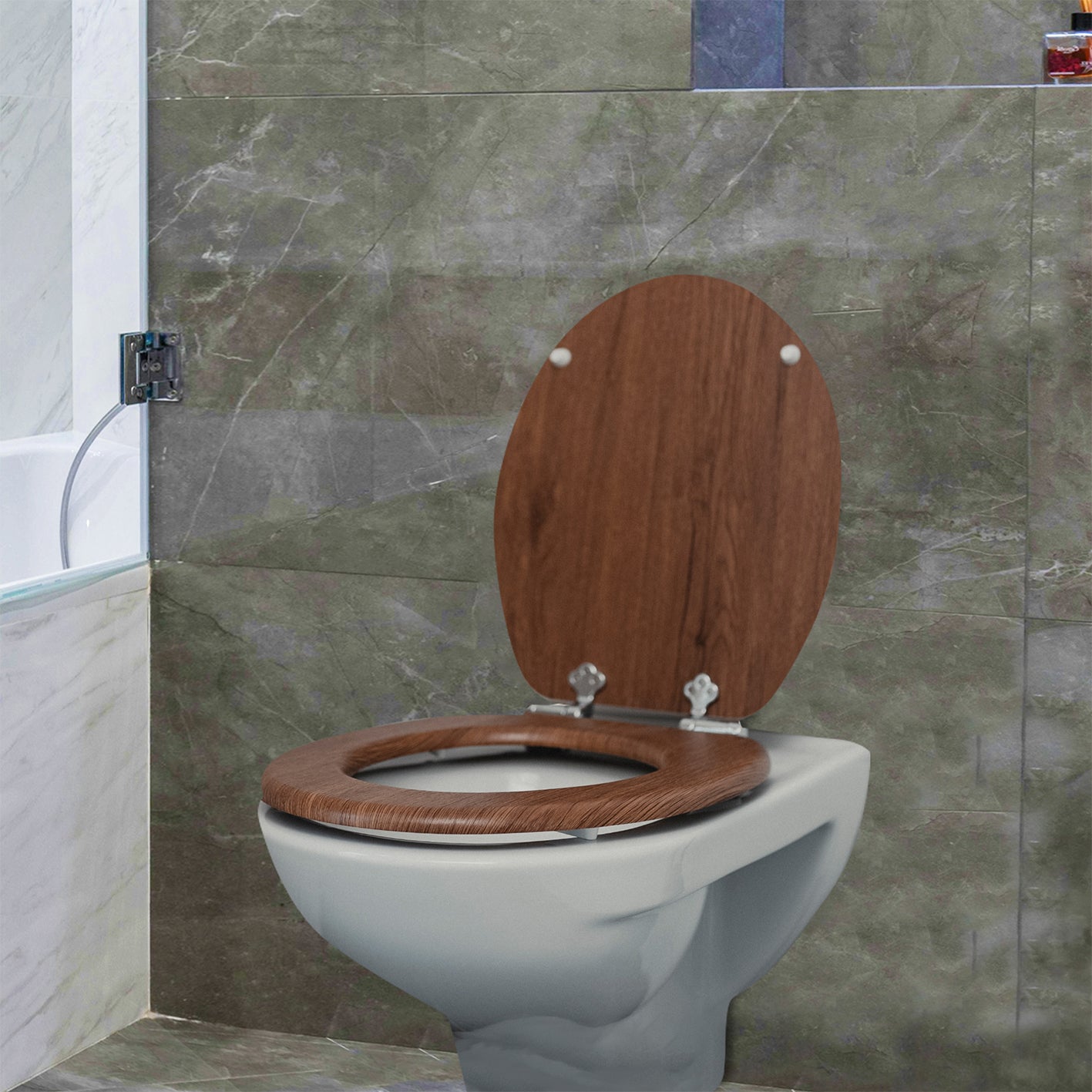 Bedruckter Premium-Toilettendeckel - dunkles Treibholz, antibakteriell, mit Quick-Release und geräuschloser Absenkautomatik.