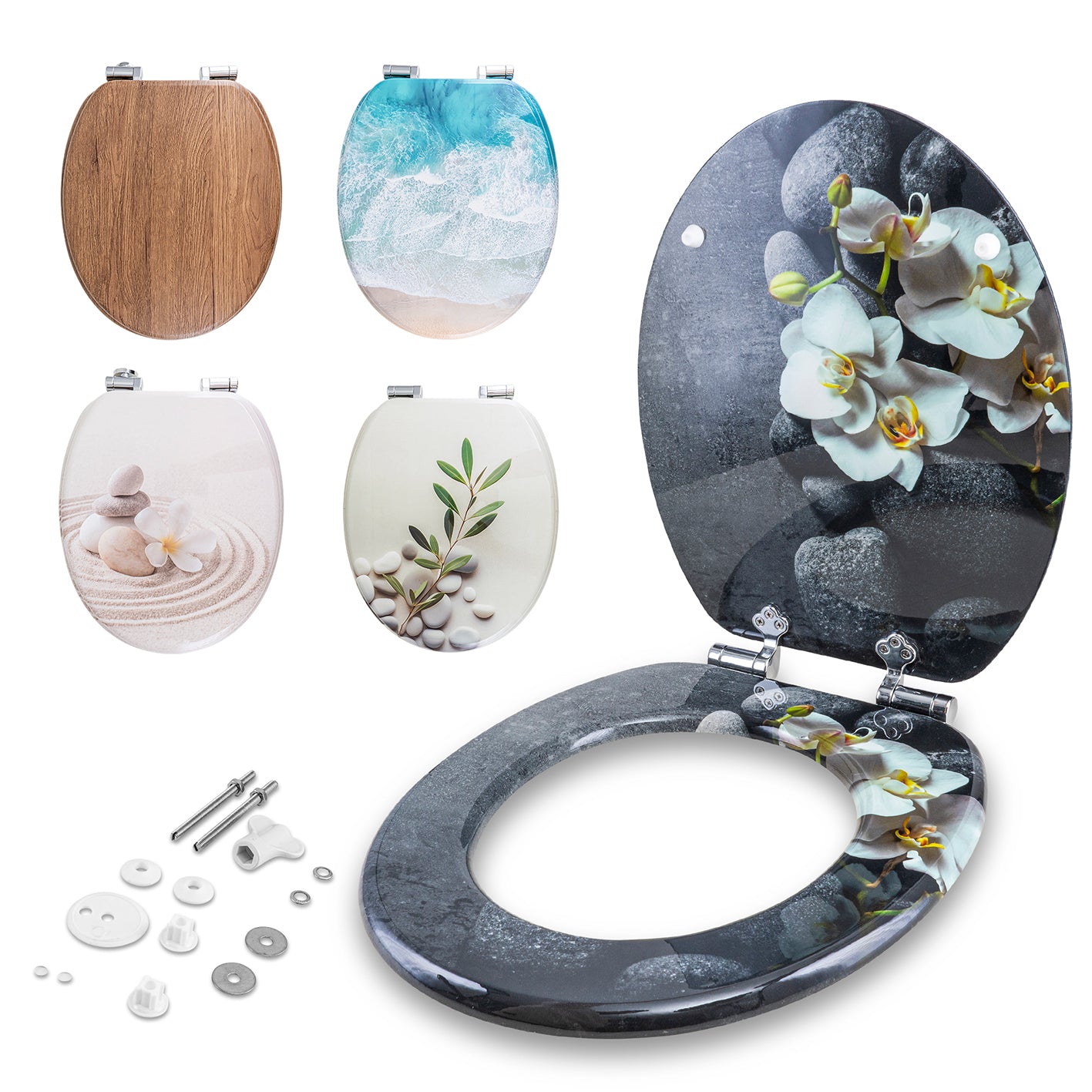 Bedruckter Premium-Toilettendeckel - Deep Grey mit Orchideen-Motiv, robust, MDF-beschichtet, geräuschlose Absenkautomatik.