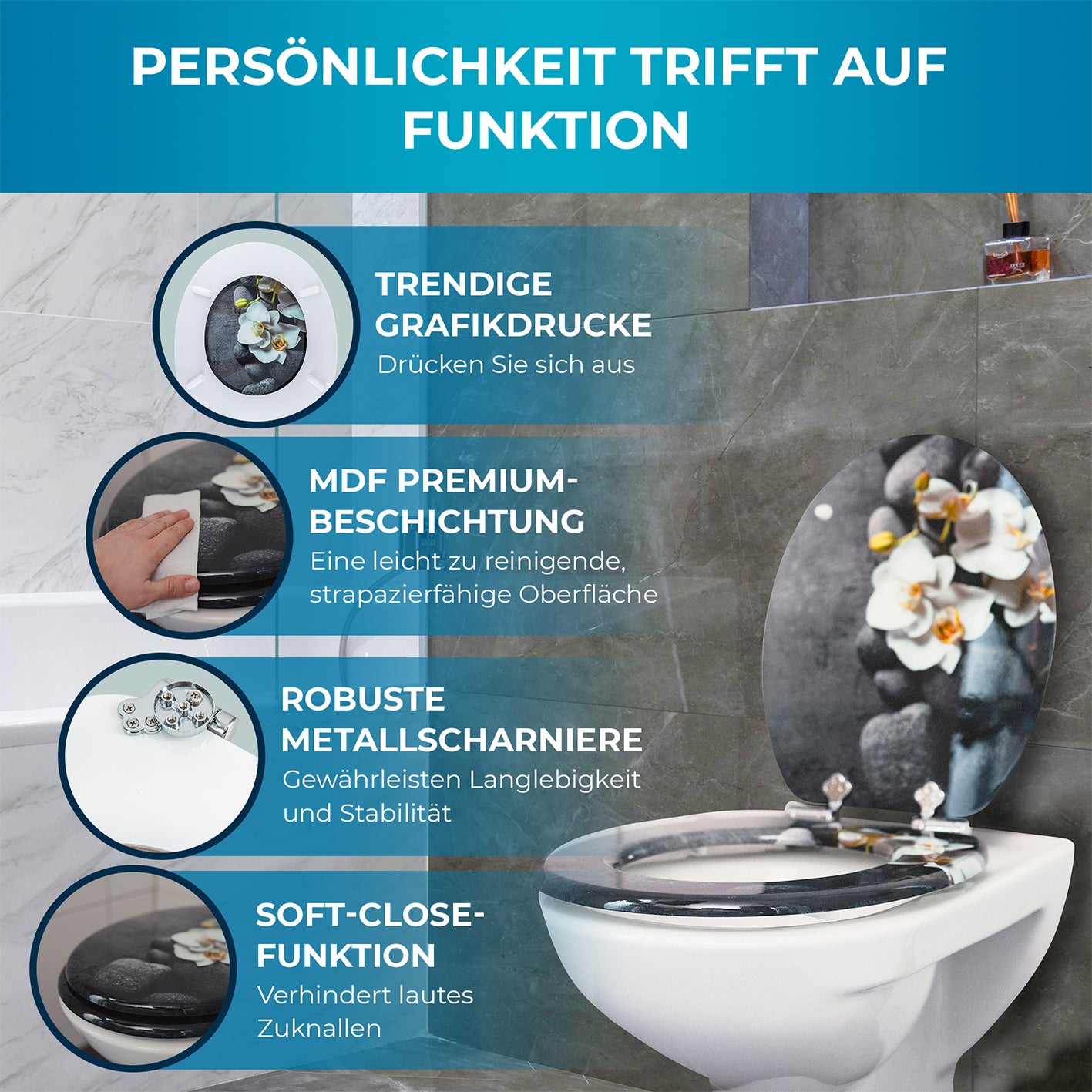 Bedruckter Premium-Toilettendeckel - Deep Grey mit trendigem Grafikdruck, MDF-Beschichtung, Metallscharnieren und Soft-Close-Funktion.