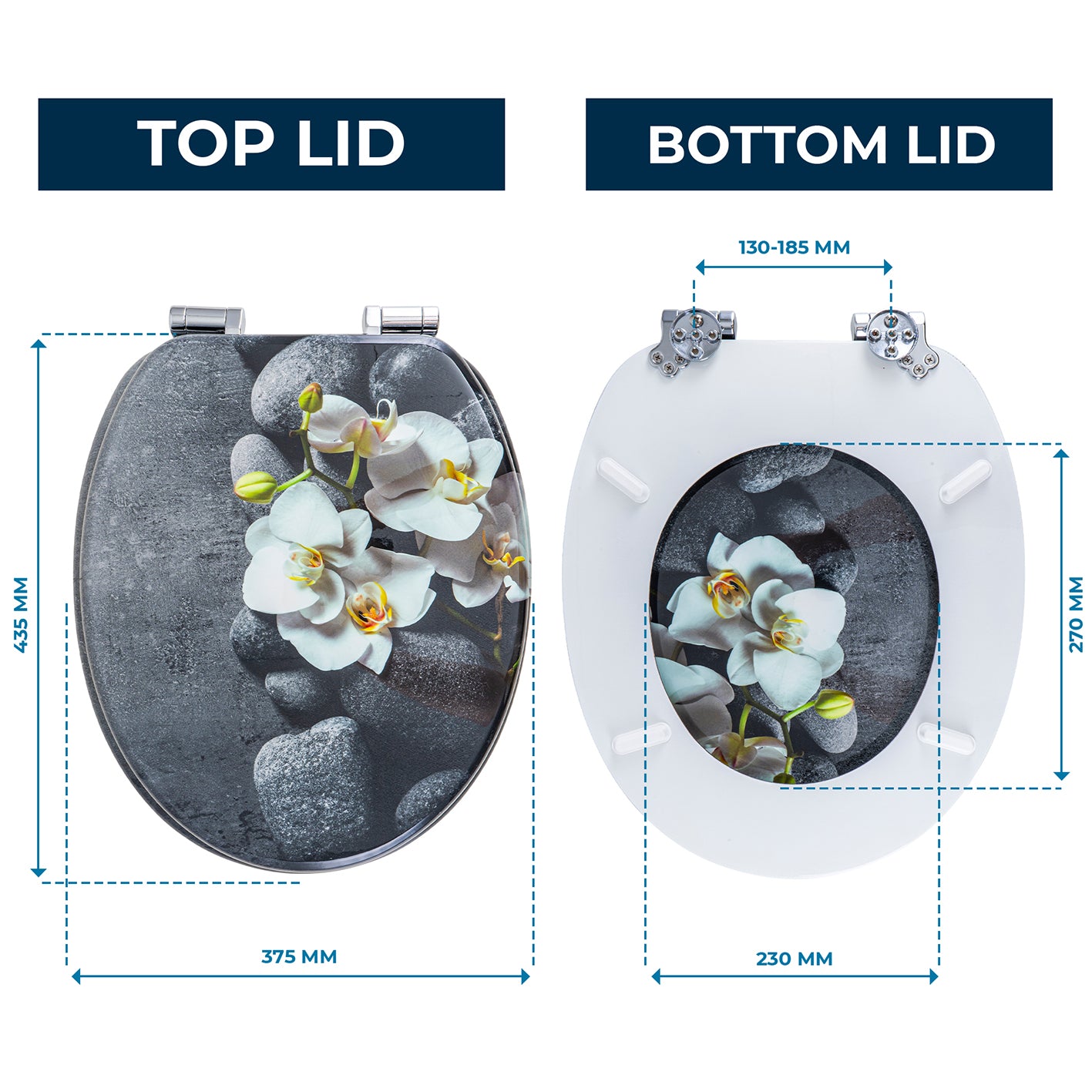 Bedruckter Premium-Toilettendeckel - Deep Grey mit Orchideen-Motiv, Maße 435x375 mm, verstellbare Scharniere, MDF-Beschichtung.