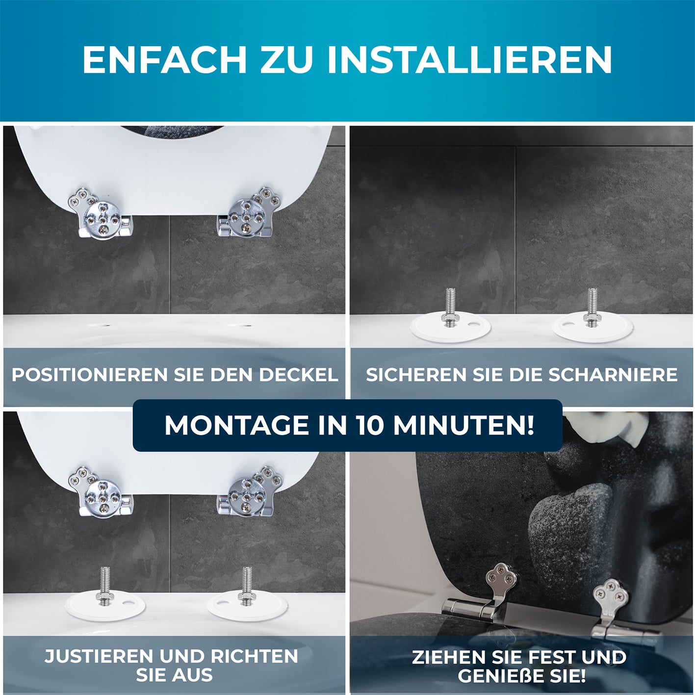 Bedruckter Premium-Toilettendeckel - Deep Grey mit einfacher Montage, schnellen Scharnieren und perfekter Passform für Standardtoiletten.