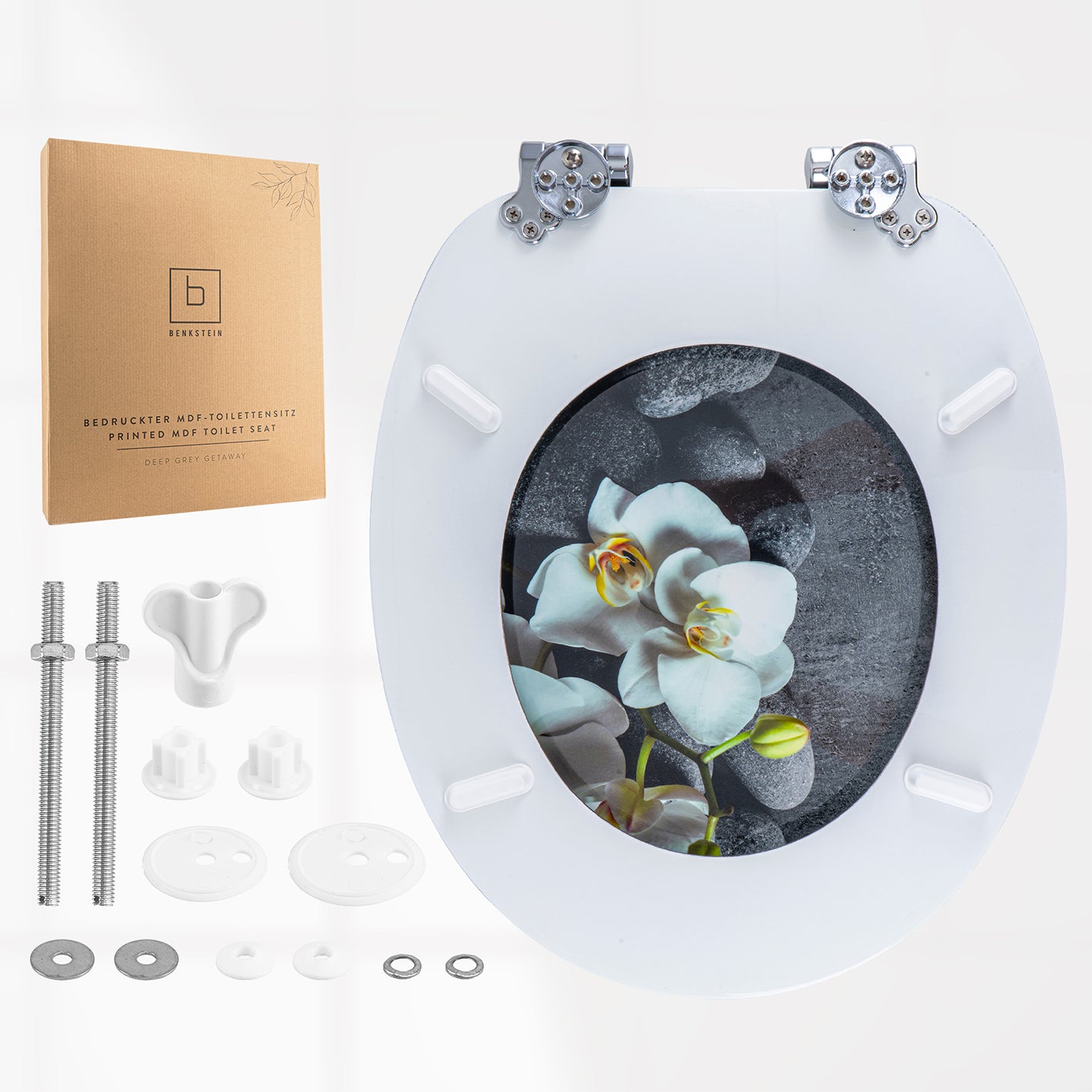 Bedruckter Premium-Toilettendeckel - Deep Grey mit Orchideen-Motiv, MDF-Beschichtung, Quick-Release und geräuschloser Absenkautomatik.