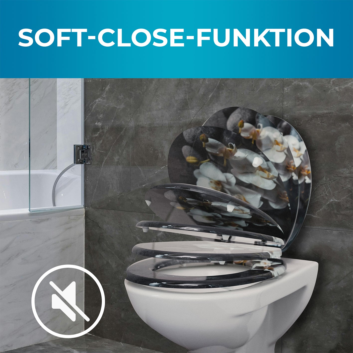 Bedruckter Premium-Toilettendeckel - Deep Grey mit Soft-Close-Funktion und trendigem Grafikdruck, einfach zu reinigen und robust.