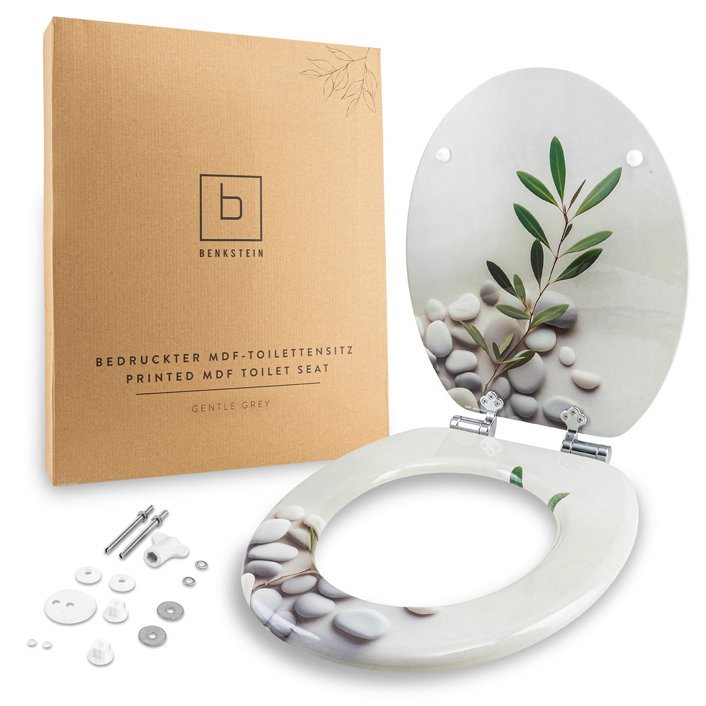 Bedruckter Premium-Toilettendeckel - Gentle Grey, MDF mit Grafikdruck, robuste Qualität, easy mit Schnellverschluss abnehmbar.