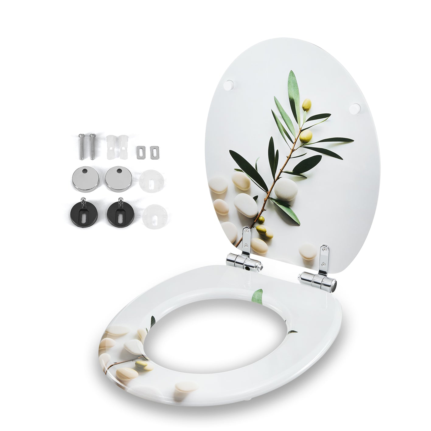 Toilettendeckel - oval - Absenkautomatik - Hellgrau mit floralem Naturmotiv und robustem MDF-Material inklusive Befestigungsmaterial für einfache Montage.