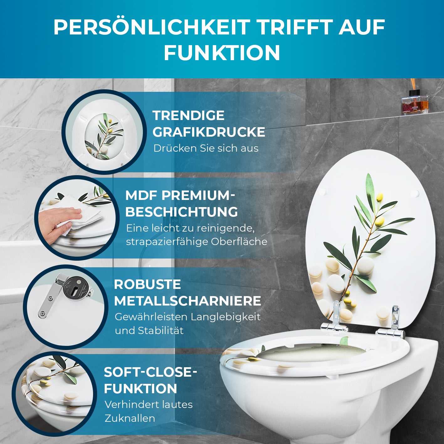 Toilettendeckel - oval - Absenkautomatik - Hellgrau mit modernem Pflanzenmuster, robuster MDF-Oberfläche und Soft-Close-Funktion für leises Schließen.