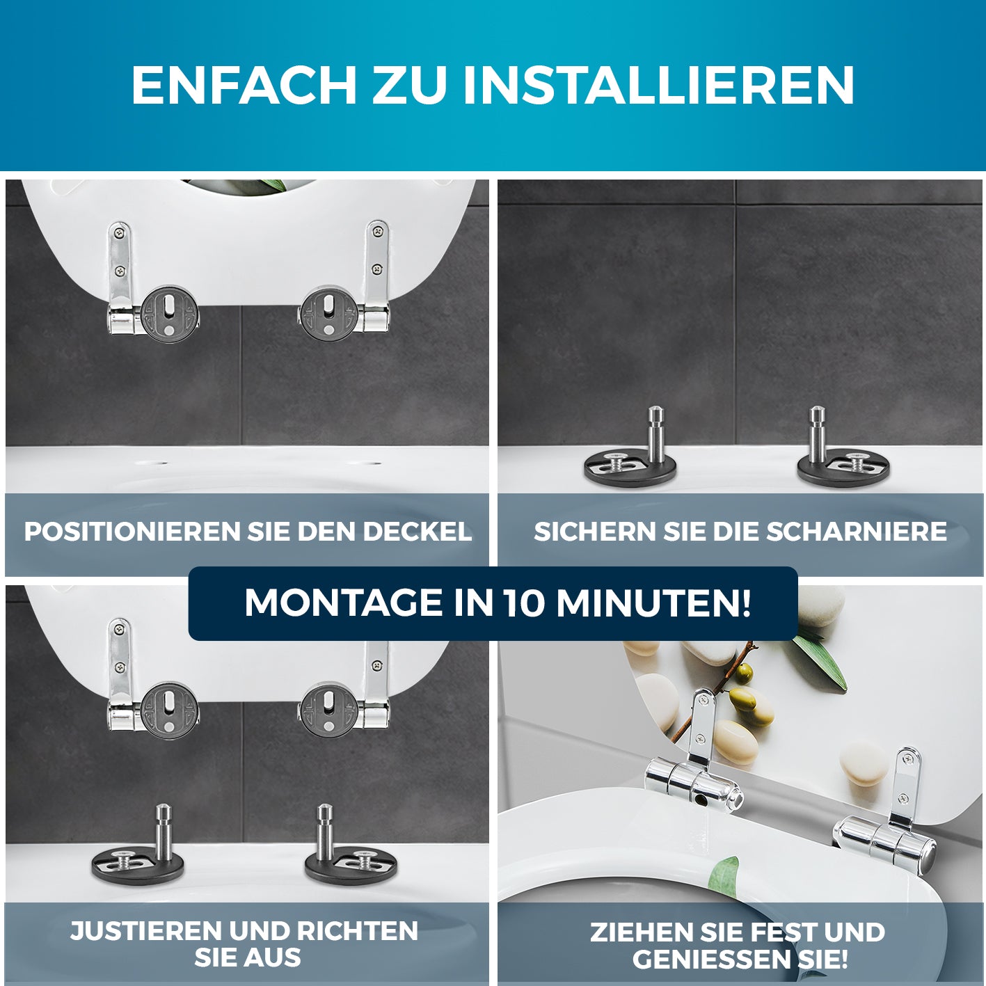 Toilettendeckel - oval - Absenkautomatik - Hellgrau mit einfacher Montage durch justierbare Scharniere und schneller Befestigung in wenigen Minuten.