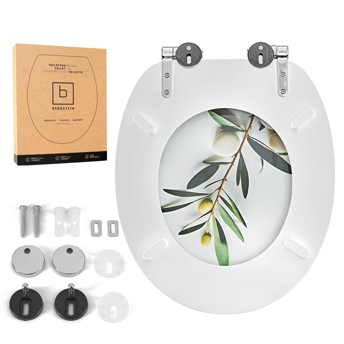 Toilettendeckel - oval - Absenkautomatik - Hellgrau mit Olivenzweigmotiv, MDF-Material und verstellbaren Metall-Scharnieren für einfache Montage.