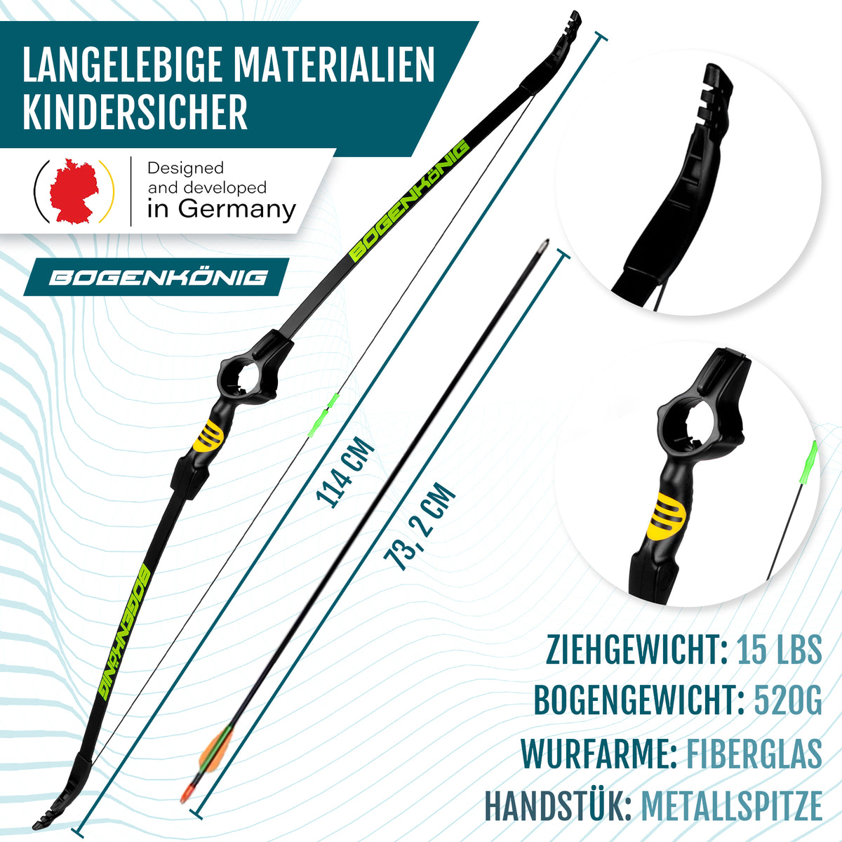 Produktinfografik zum Bogenset mit 5 Pfeilen - ideal für Kinder ab 7 J. mit 114 cm und 73,2 cm Länge