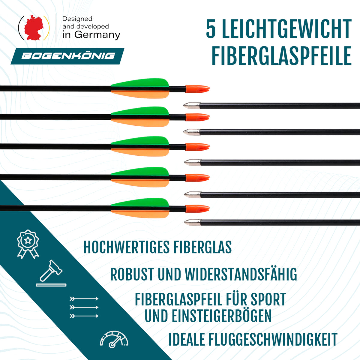 Bogenset mit 5 Pfeilen - ideal für Kinder ab 7 J. mit leichten Fiberglaspfeilen in Grün und Orange