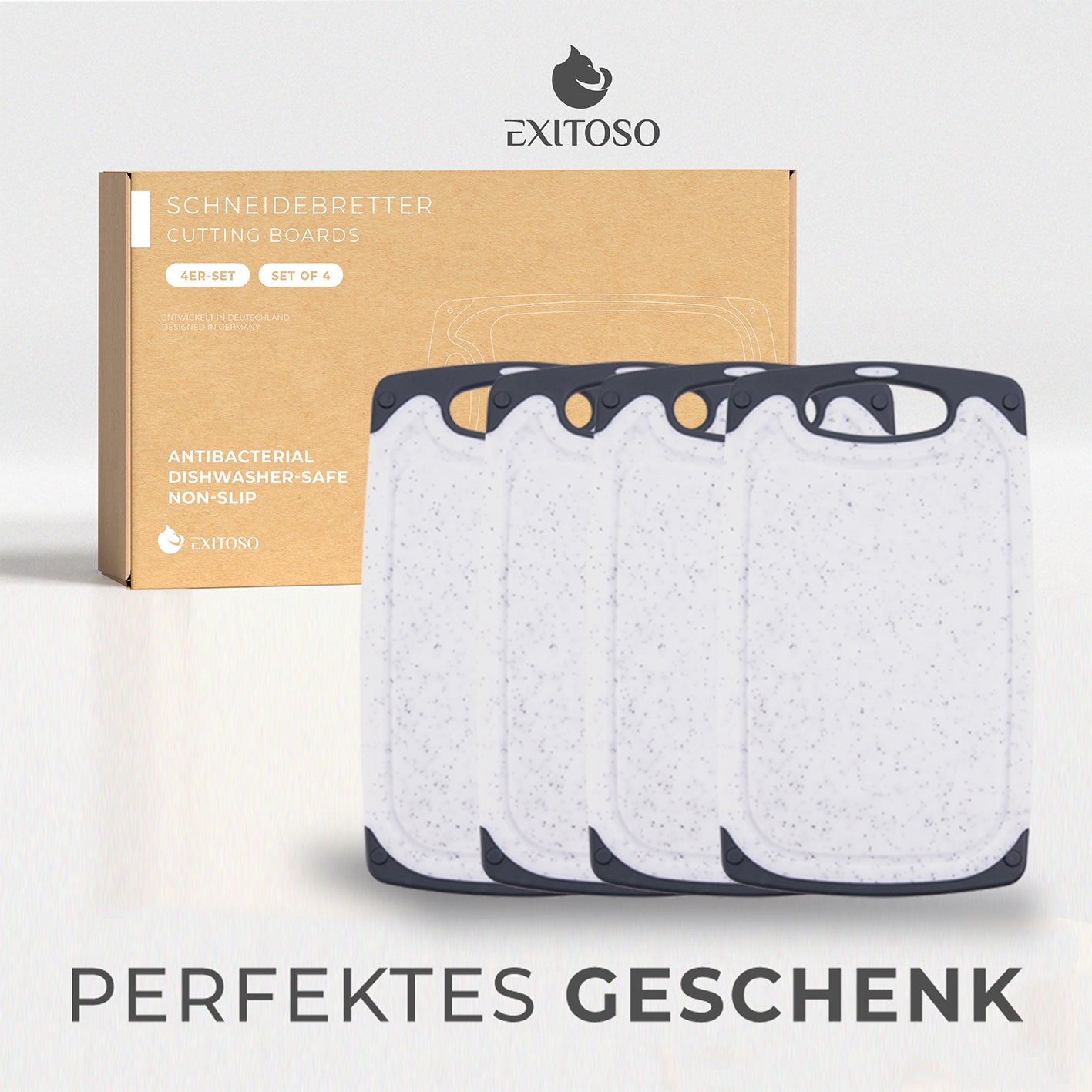 Frühstücksbrettchen - 4er-Set - Marmoroptik Weiß, rutschfeste, spülmaschinenfeste Kunststoffbretter mit Griff und Flüssigkeitsrinne.