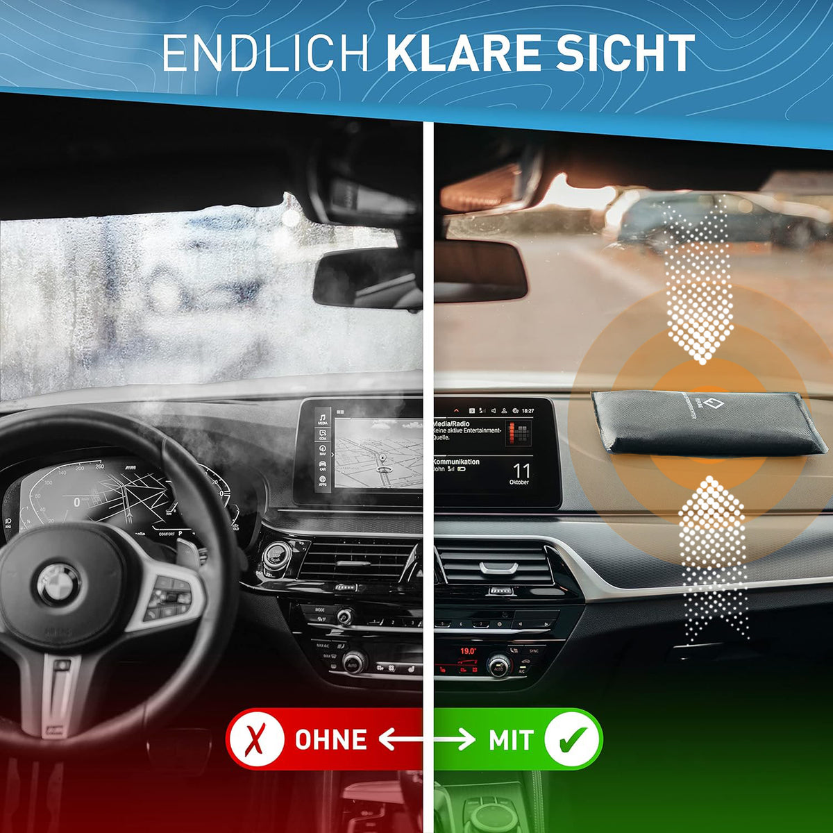 Auto-Luftentfeuchter Set (2 x 1 kg) mit Anti-Rutsch-Pad für klare Sicht im Auto, Vergleich beschlagene und klare Scheibe