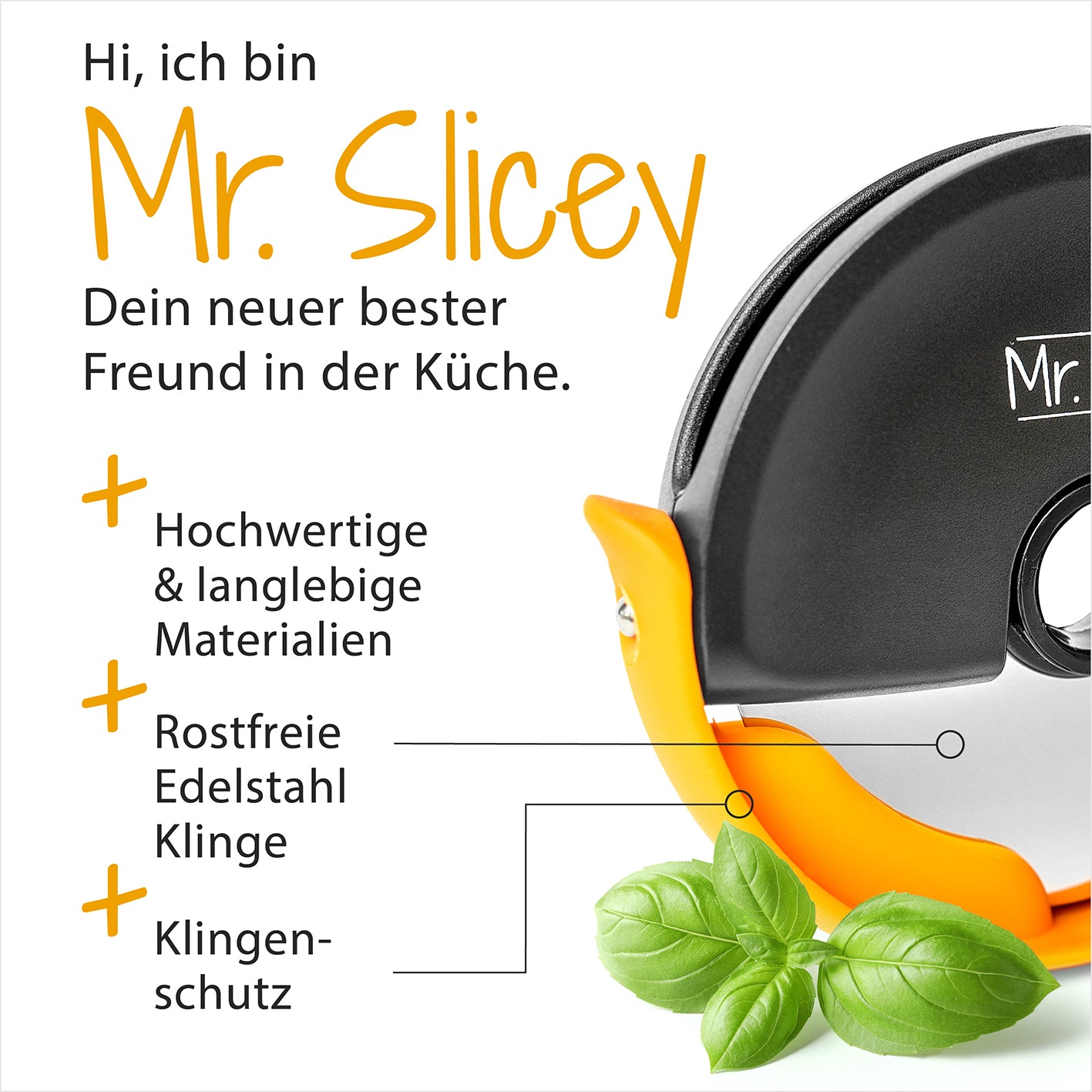 Pizzaschneider Mr. Slicey + Sicherheits-Gummilippe Detailansicht mit Sicherheitsgummi und Edelstahlklinge, Galerie 3 quadratisch