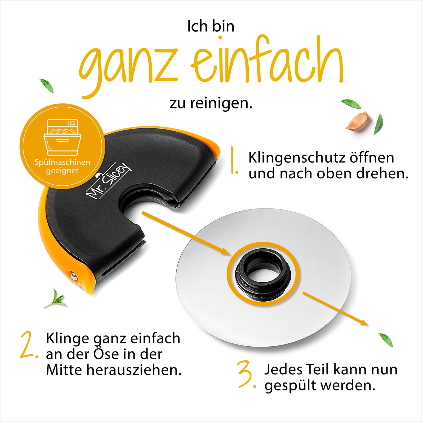 Pizzaschneider Mr. Slicey + Sicherheits-Gummilippe zerlegt zur einfachen Reinigung, Galerieposition 8, quadratisch 1417x1417px.