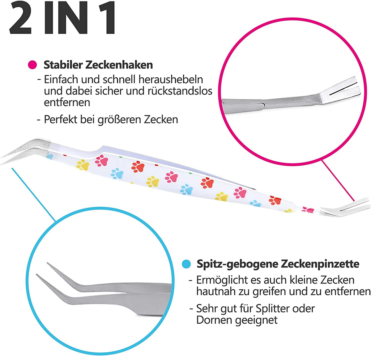 2-in-1 Profi Zeckenzange - für Hunde und Katzen - Weiß mit Zeckenhaken und spitz gebogener Zeckenpinzette