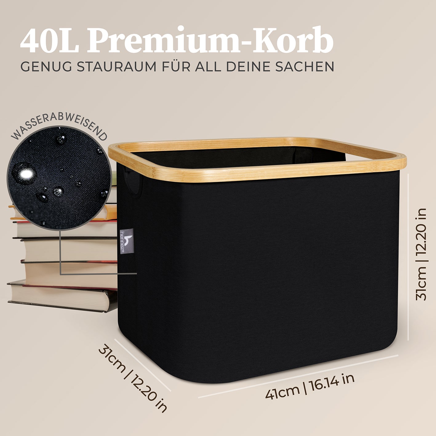 Aufbewahrungskorb "Adrian" 40 l Schwarz mit robustem Bambusrahmen, wasserabweisend, faltbar, ideal für Ordnung und Stauraum.