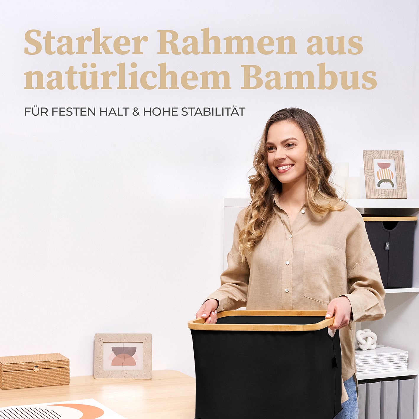 Aufbewahrungskorb "Adrian" 40 l - Schwarz mit robustem Bambusrahmen, ideal für Wäsche und Ordnung im Haushalt.