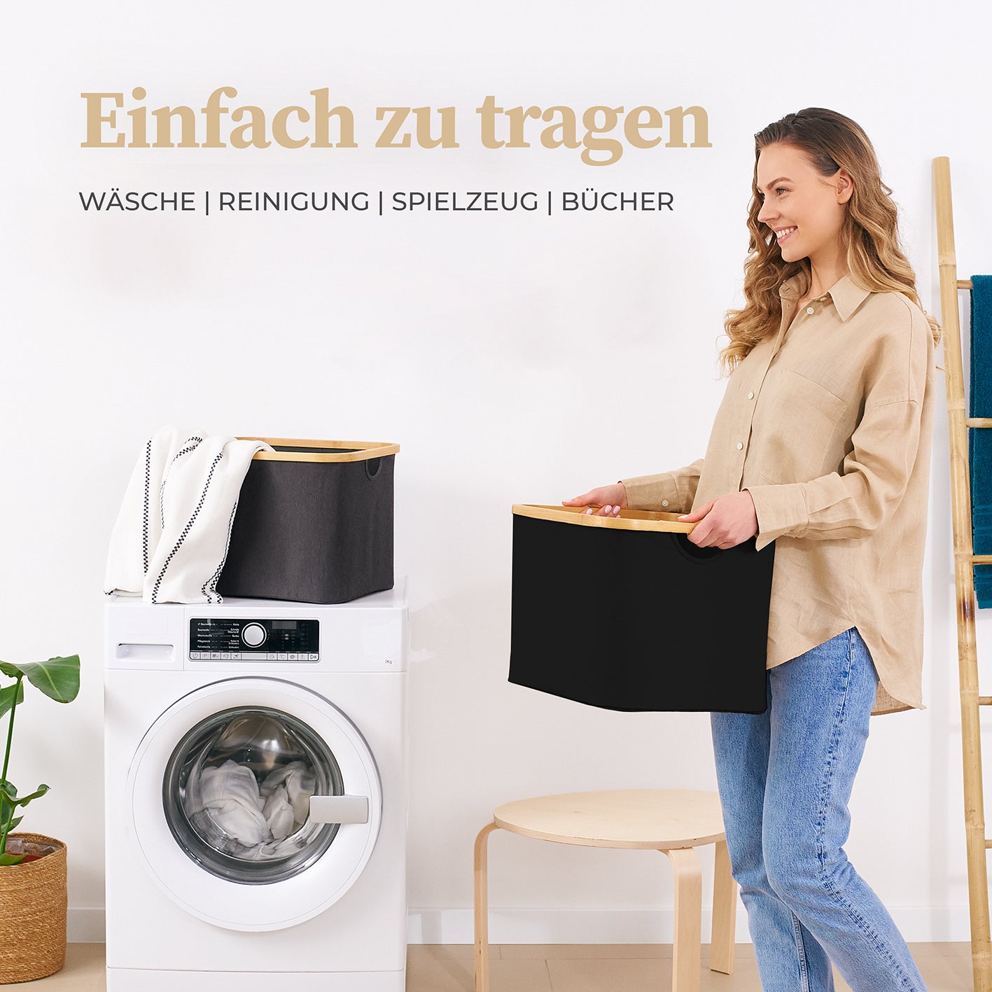 Aufbewahrungskorb "Adrian" 40 l - Schwarz mit robustem Bambusrahmen als multifunktionaler Wäsche- und Spielzeugkorb.