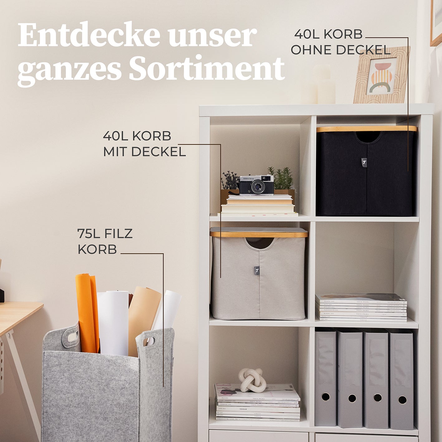 Aufbewahrungskorb "Adrian" 40 l Schwarz, großer Stoffkorb mit Bambusrahmen für vielseitige Lagerung und modernes Design.