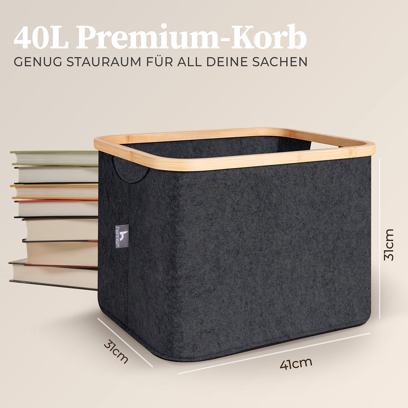 Aufbewahrungskorb "Laura" 40 l Anthrazit, stabiler Filzkorb mit Bambusrahmen, faltbar, ideal für Kallax-Regale und vielseitige Nutzung.