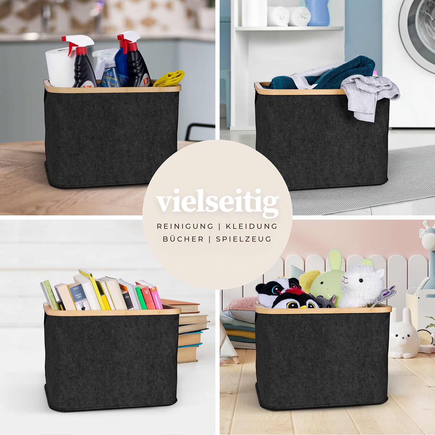 Aufbewahrungskorb "Laura" 40 l Anthrazit mit Bambusrahmen, faltbar, ideal für Bücher, Spielzeug, Kleidung und Reinigung.