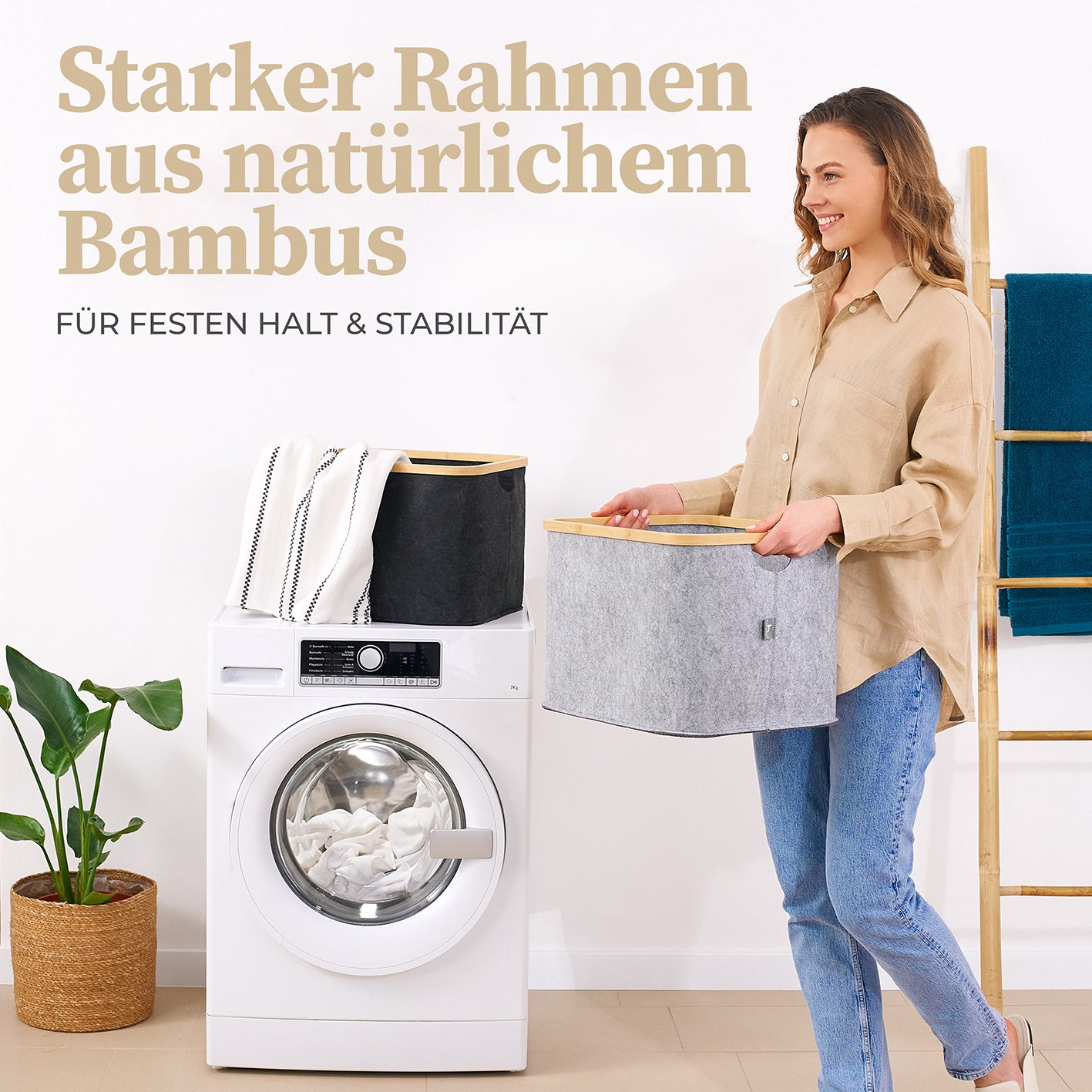 Aufbewahrungskorb "Laura" 40 l - Anthrazit mit stabilem Bambusrahmen, faltbar, ideal als Wäschekorb für Bad und Wohnzimmer.