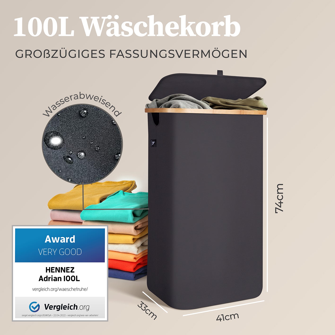 Aufbewahrungskorb "Adrian" 100 l mit Deckel Dunkelgrau, wasserdicht, klappbar, großer Wäschekorb für hygienische Aufbewahrung.