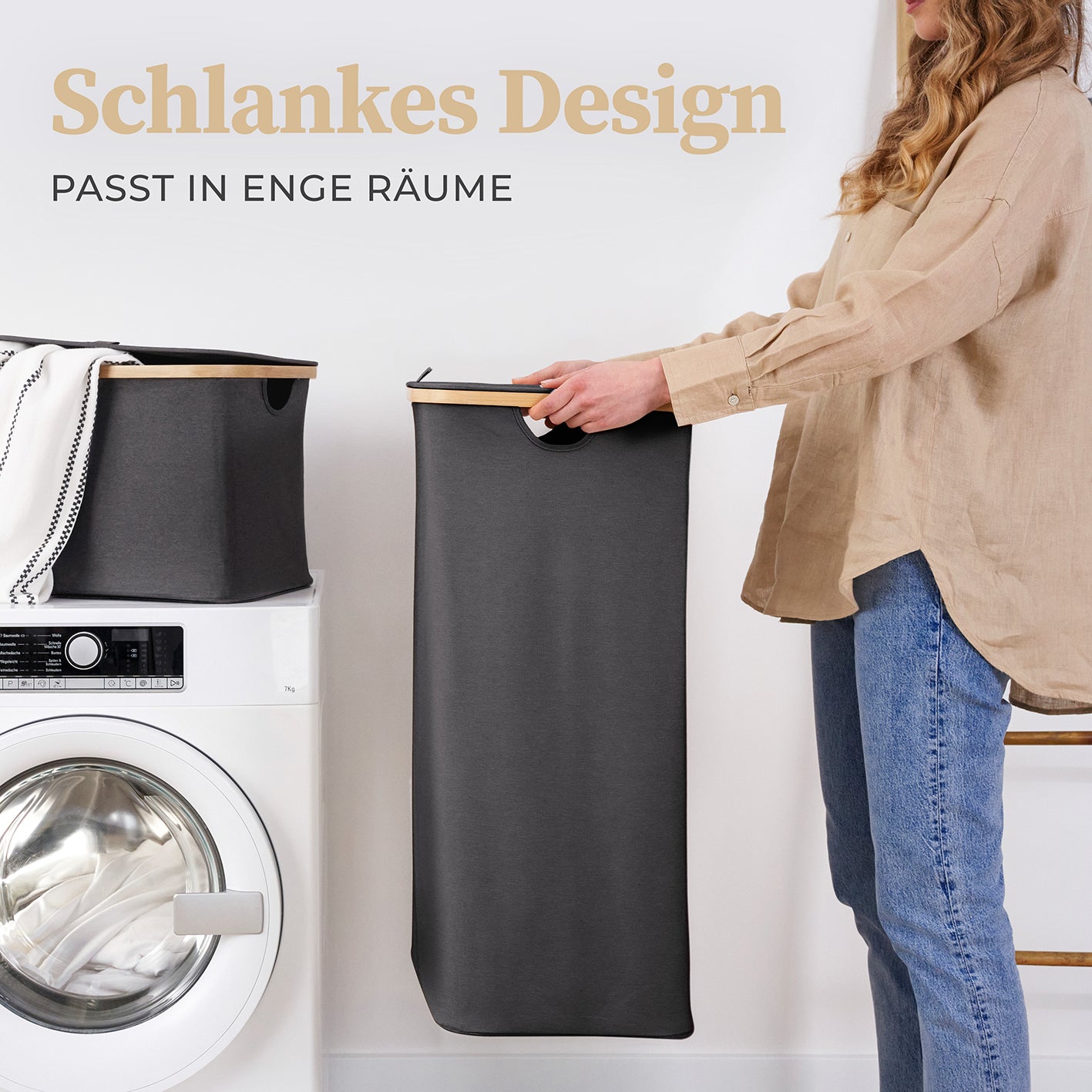 Aufbewahrungskorb "Adrian" 100 l mit Deckel dunkelgrau, verschließbar, waschbar, platzsparend, mit Bambus-Applikation für Wäschelagerung.