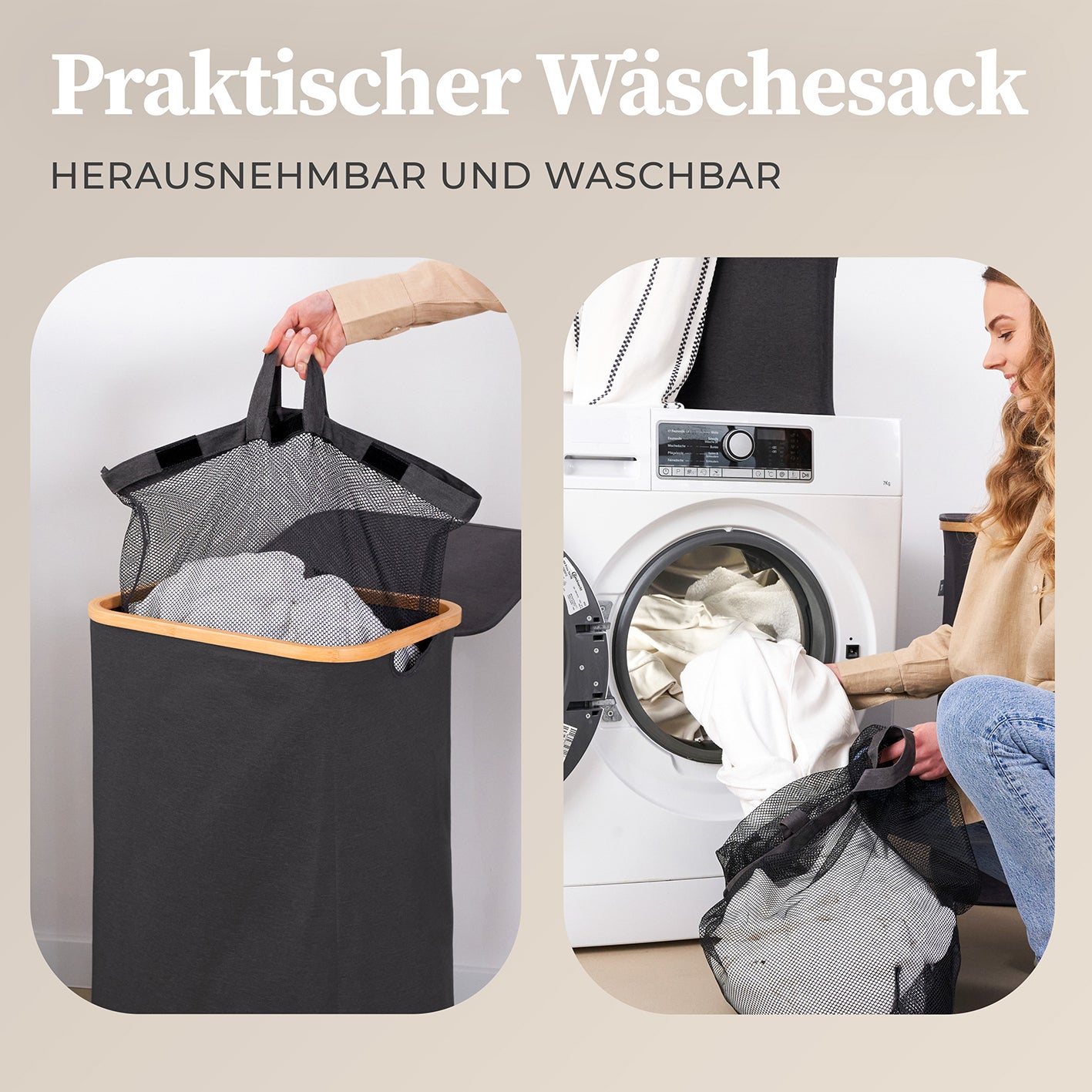 Aufbewahrungskorb "Adrian" 100 l mit Deckel Dunkelgrau, praktischer waschbarer Wäschesack mit Griffen, hygienisch und stabil.