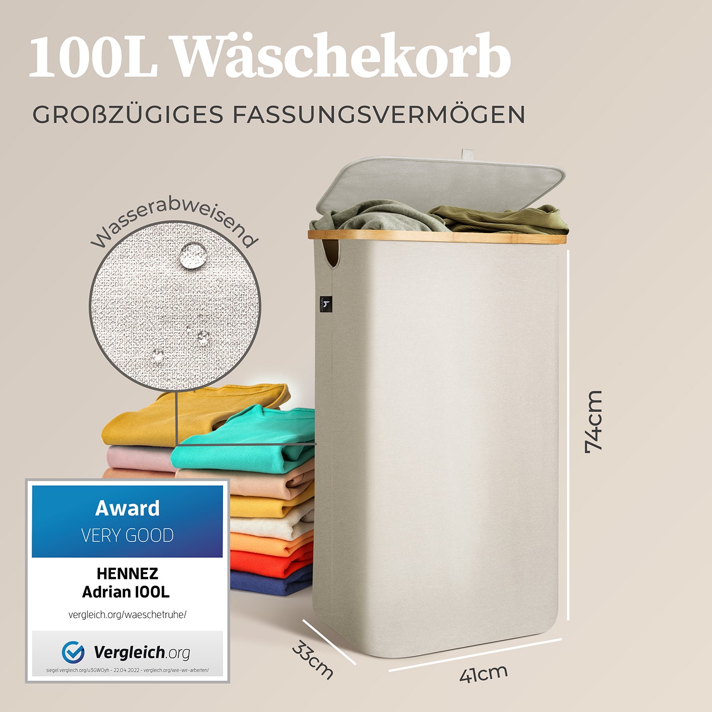 Aufbewahrungskorb "Adrian" 100 l mit Deckel, beige-grau, wassserabweisend, platzsparend, waschbar, mit Bambus-Applikation, ideal für Wäsche.