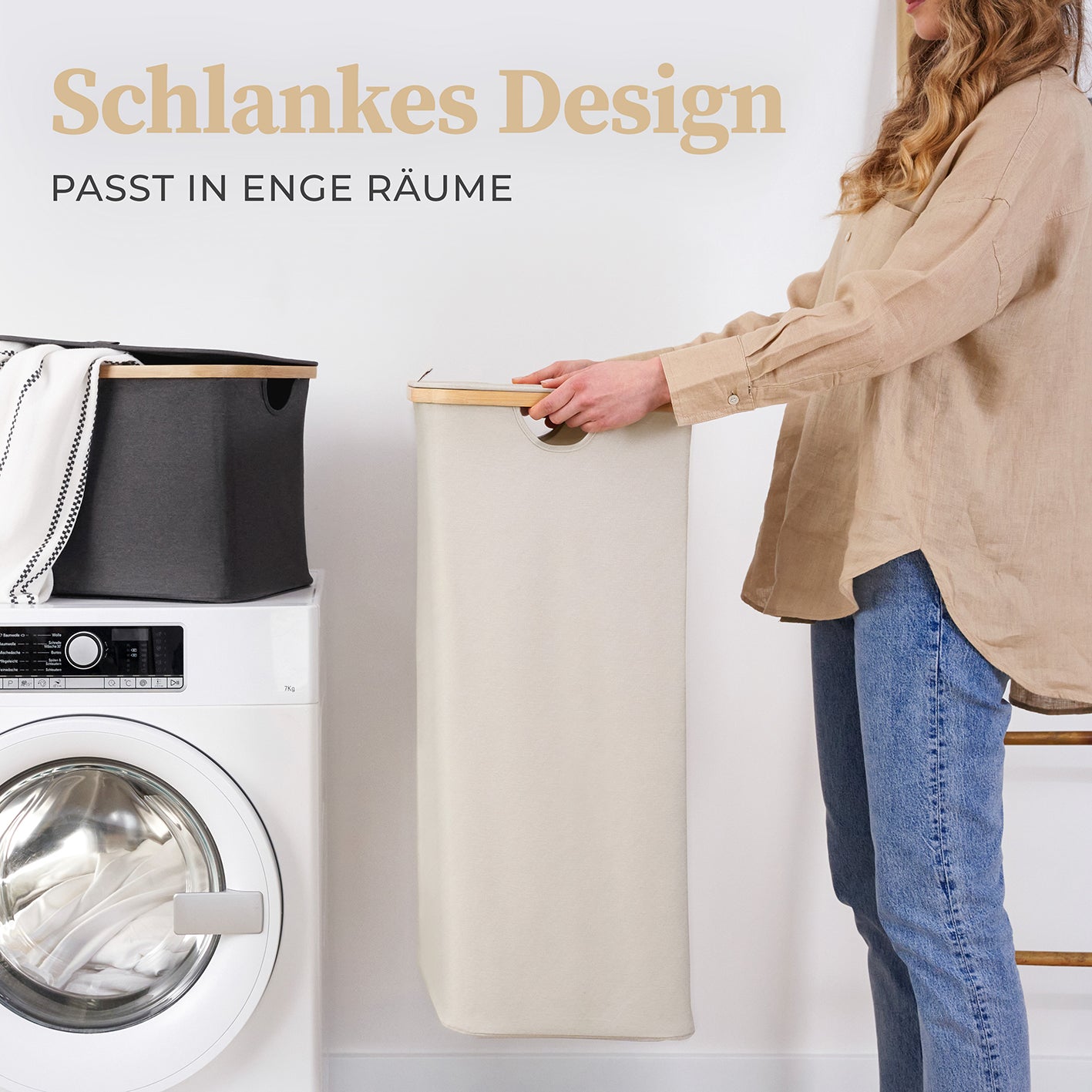 Aufbewahrungskorb "Adrian" 100 l mit Deckel, beige-grau, schmal, faltbar, mit Bambus-Applikation, ideal für Wäsche und Ordnung Zuhause.